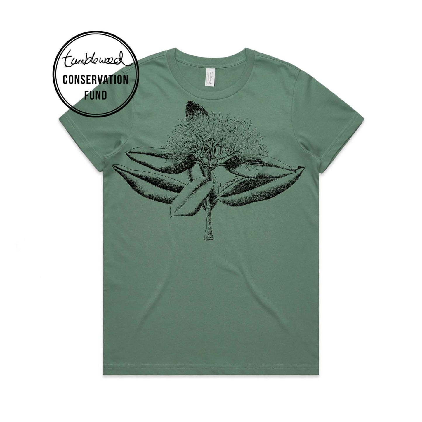 Sage, female t-shirt featuring a screen printed Pōhutukawa design.