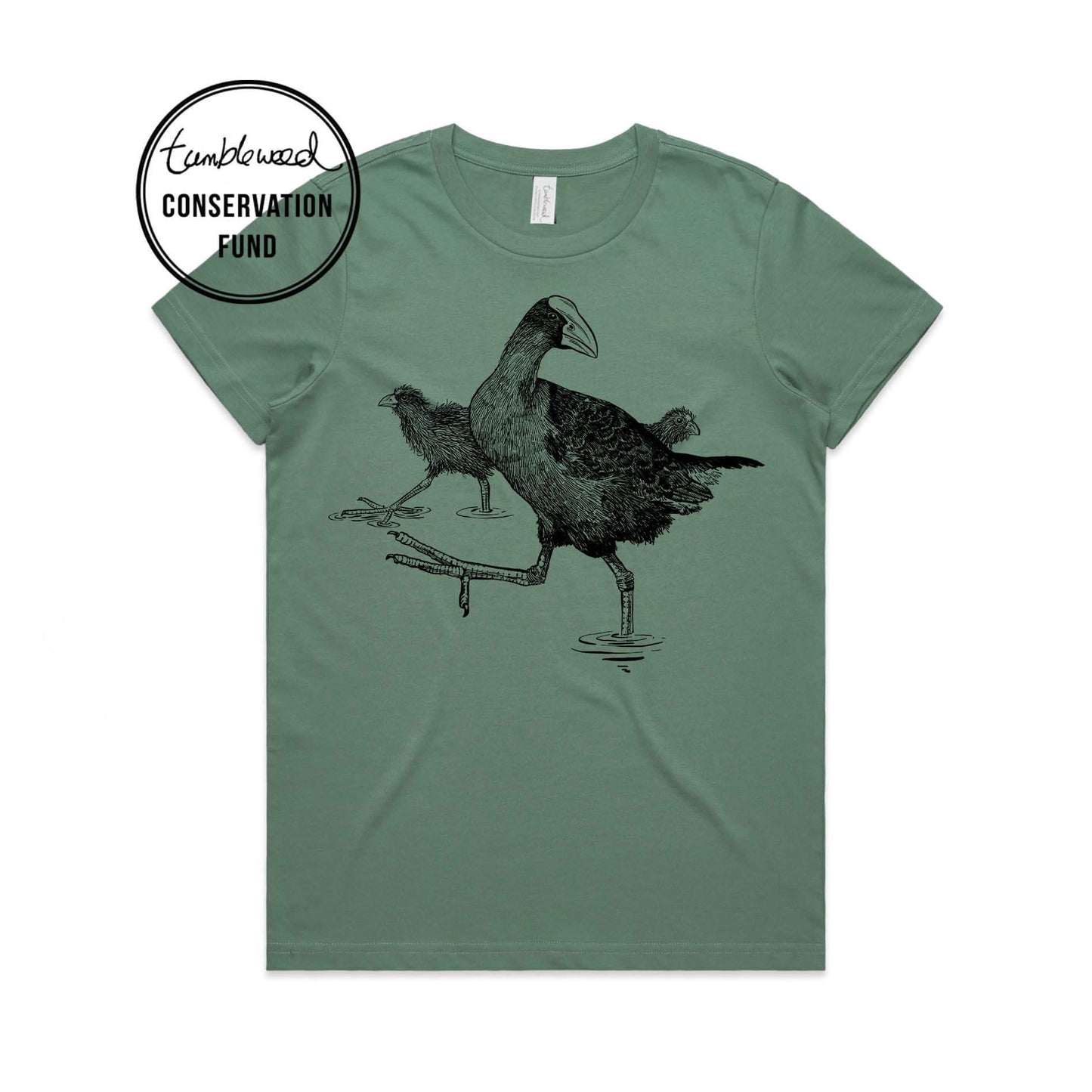 Sage, female t-shirt featuring a screen printed Pūkeko design.