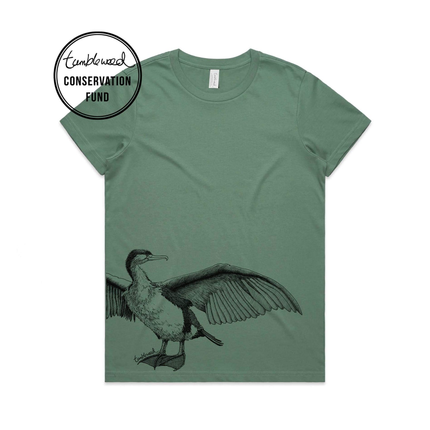 Sage, female t-shirt featuring a screen printed Shag design.