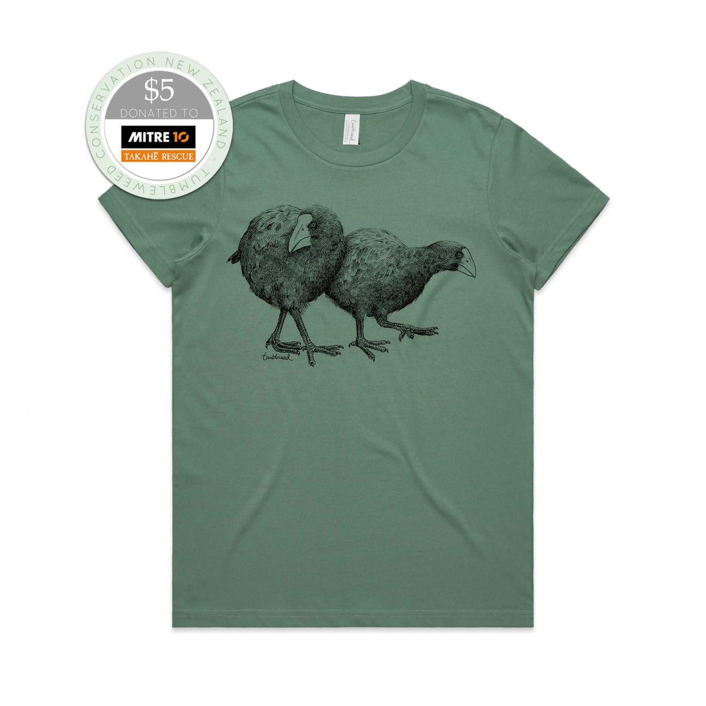 Sage, female t-shirt featuring a screen printed Takahē design.