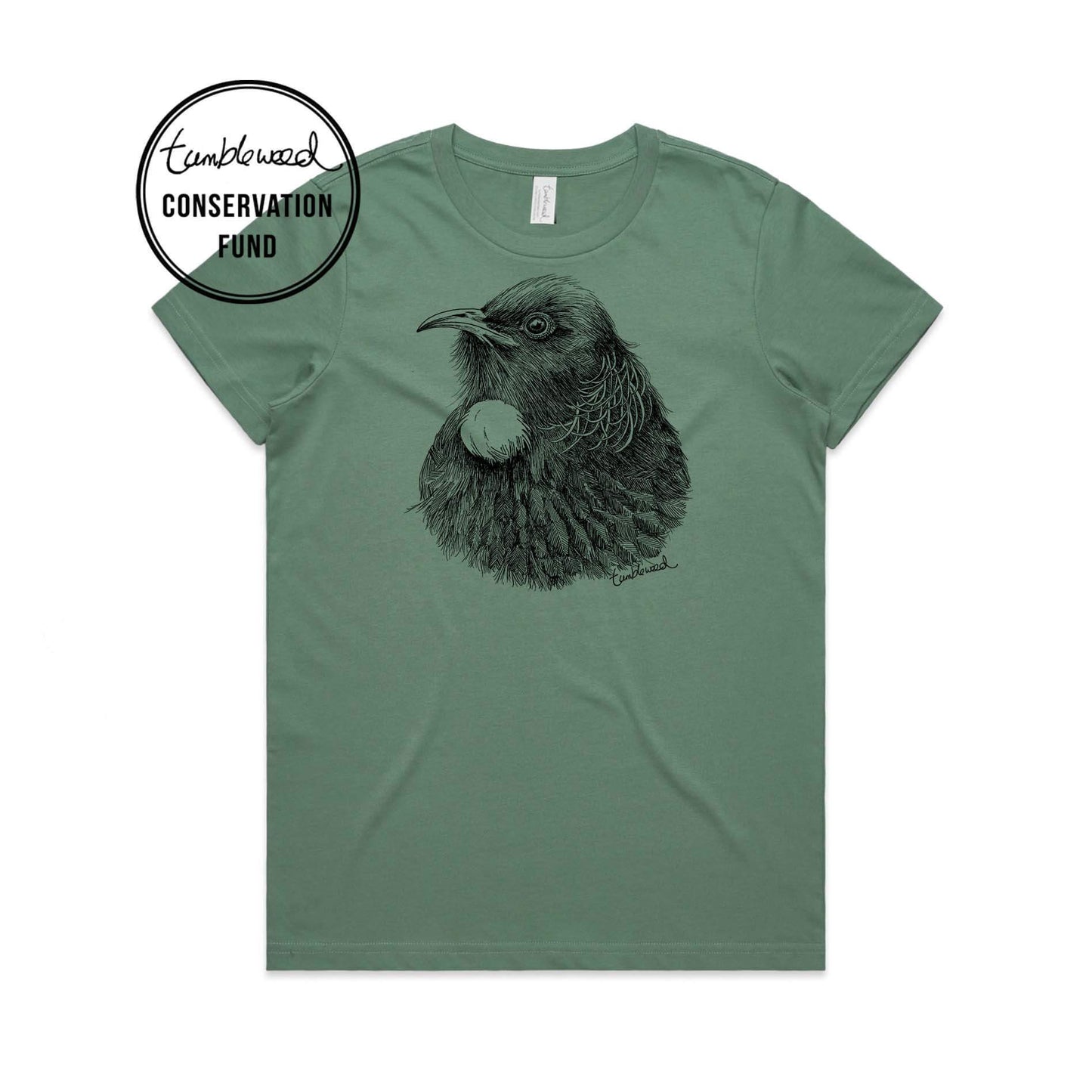 Sage, female t-shirt featuring a screen printed Tui design.