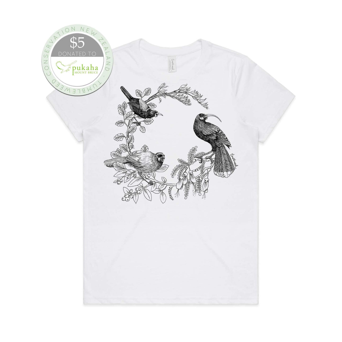White, female t-shirt featuring a screen printed Kōkako huia saddleback/tīeke design.