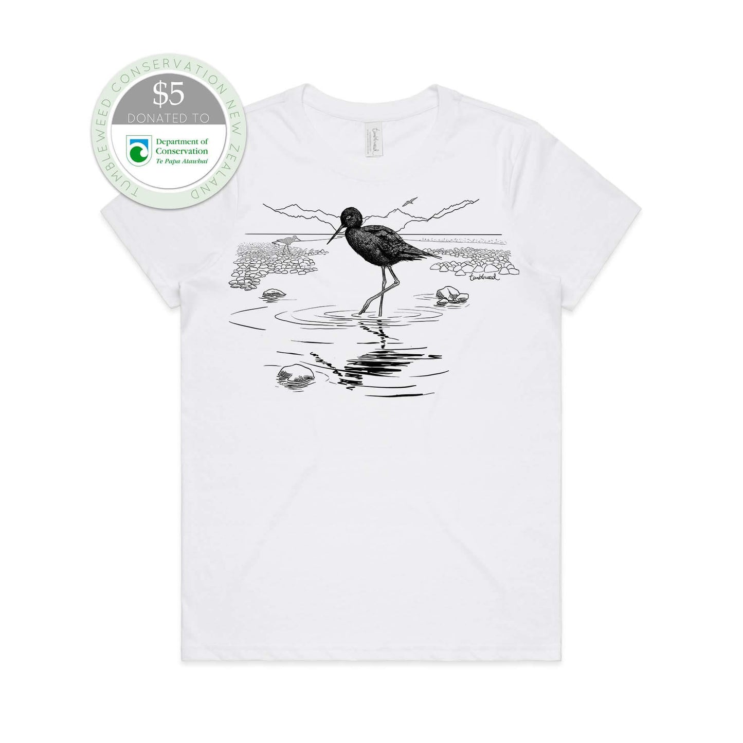 White, female t-shirt featuring a screen printed black stilt/kaki design.