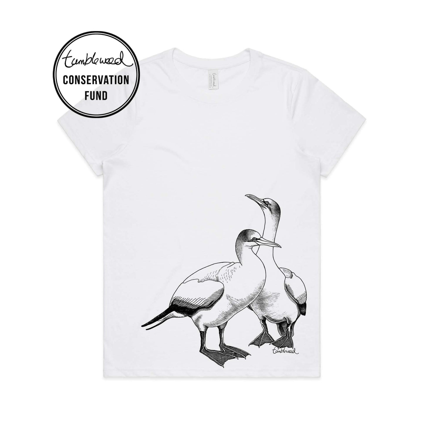 White, female t-shirt featuring a screen printed gannet design.