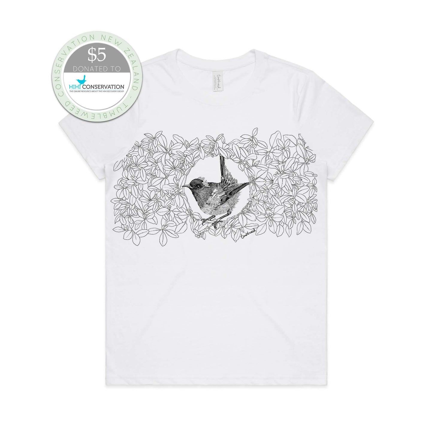 White, female t-shirt featuring a screen printed Hihi/Stitchbird design.