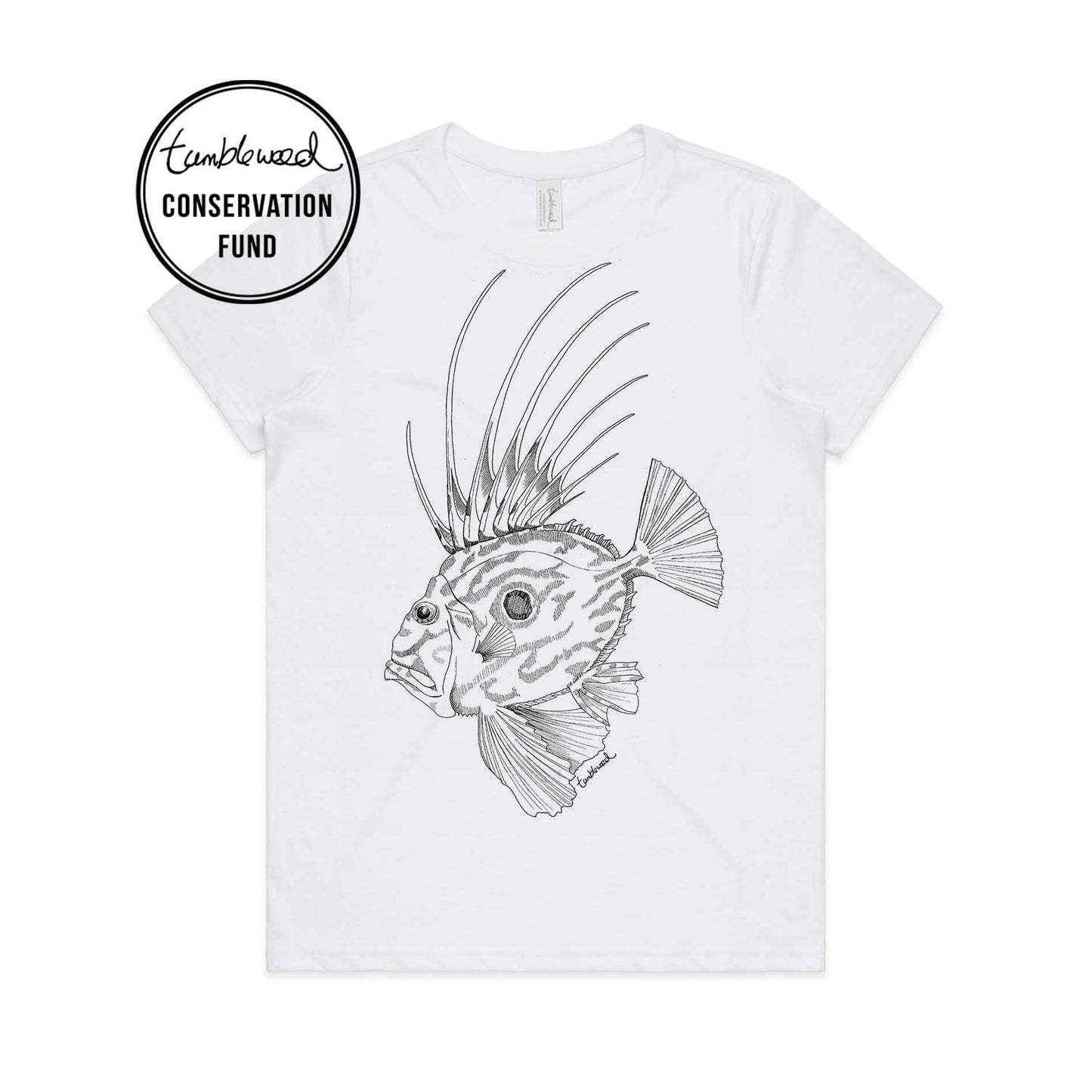 White, female t-shirt featuring a screen printed john dory design.