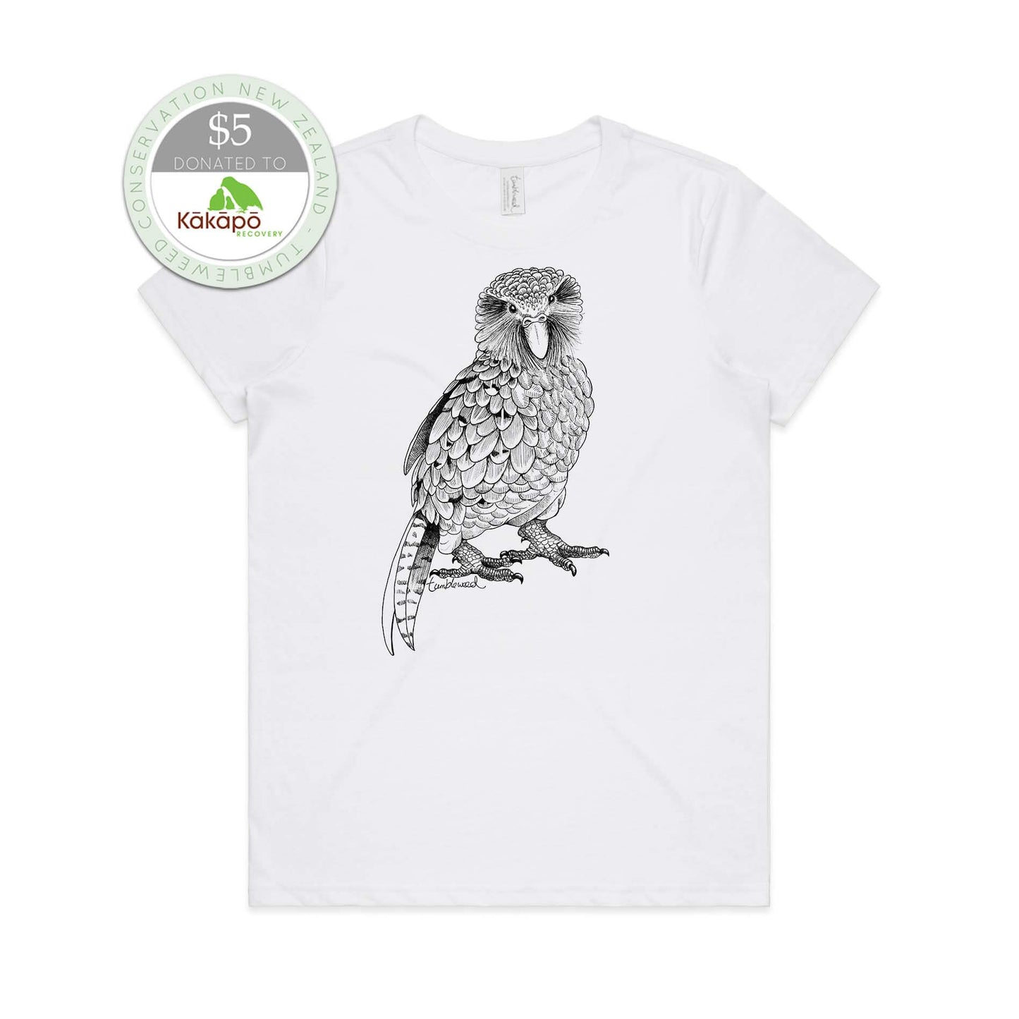 White, female t-shirt featuring a screen printed Kākāpō design.