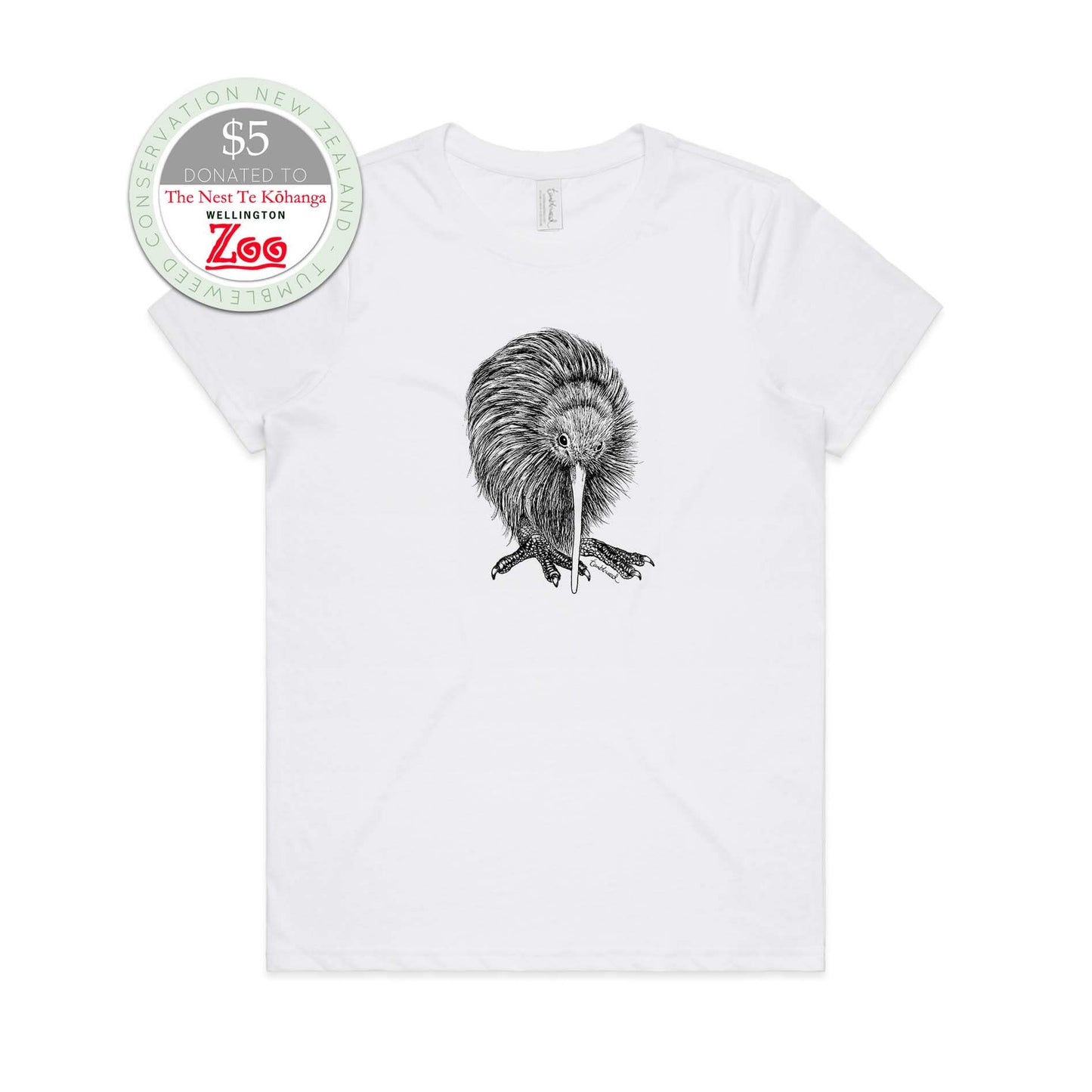 White, female t-shirt featuring a screen printed kiwi design.
