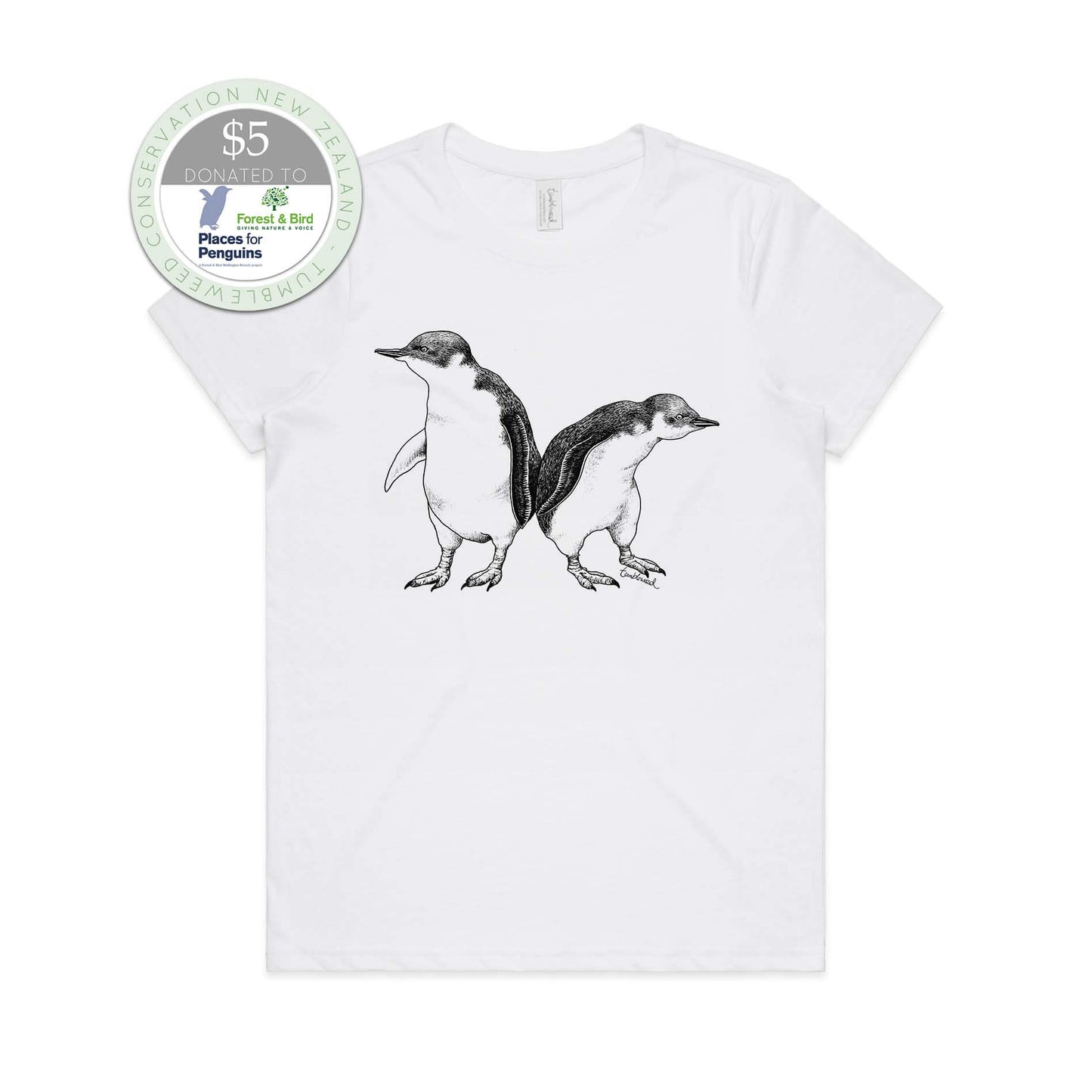 White, female t-shirt featuring a screen printed Little Blue Penguin design.