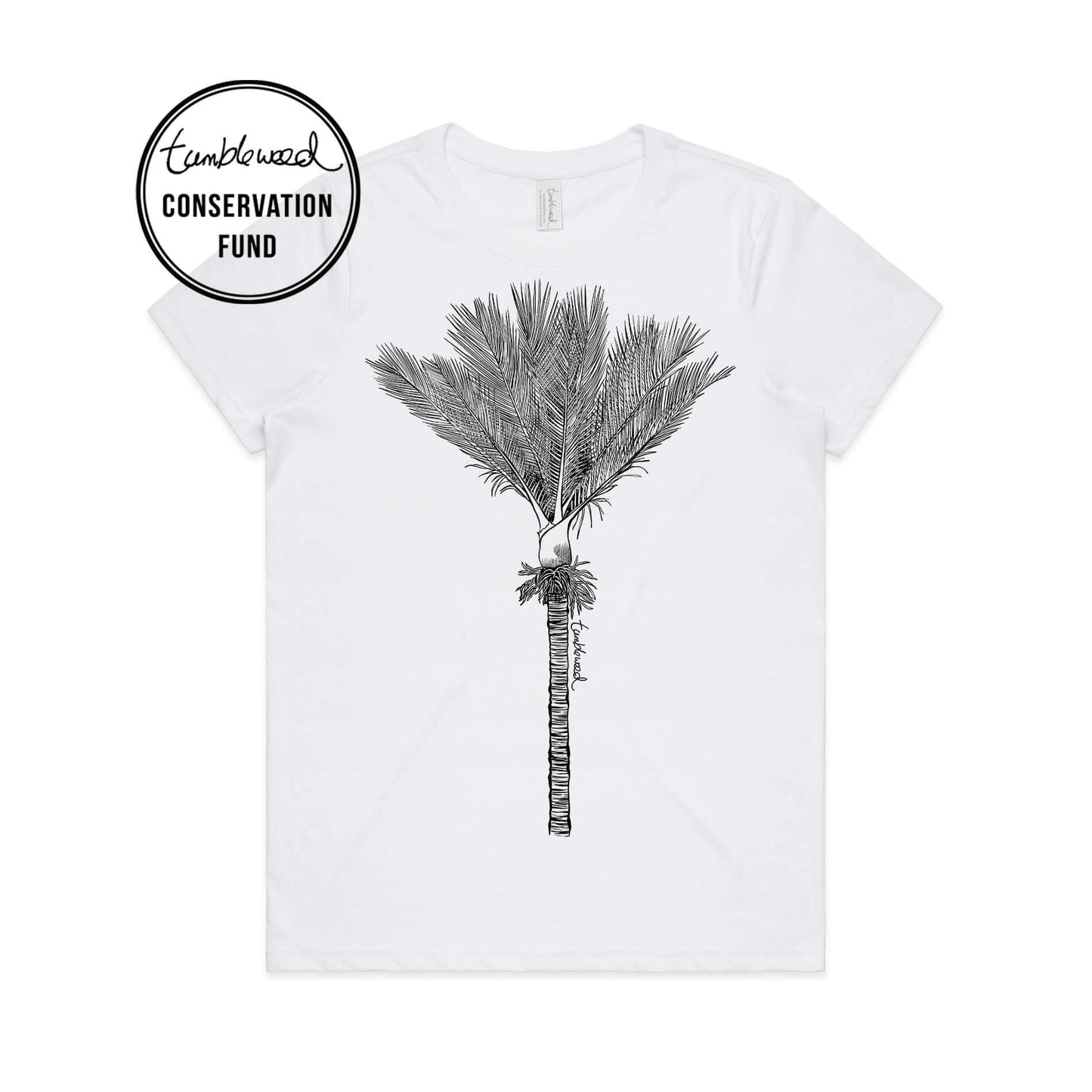 White, female t-shirt featuring a screen printed Nīkau design.