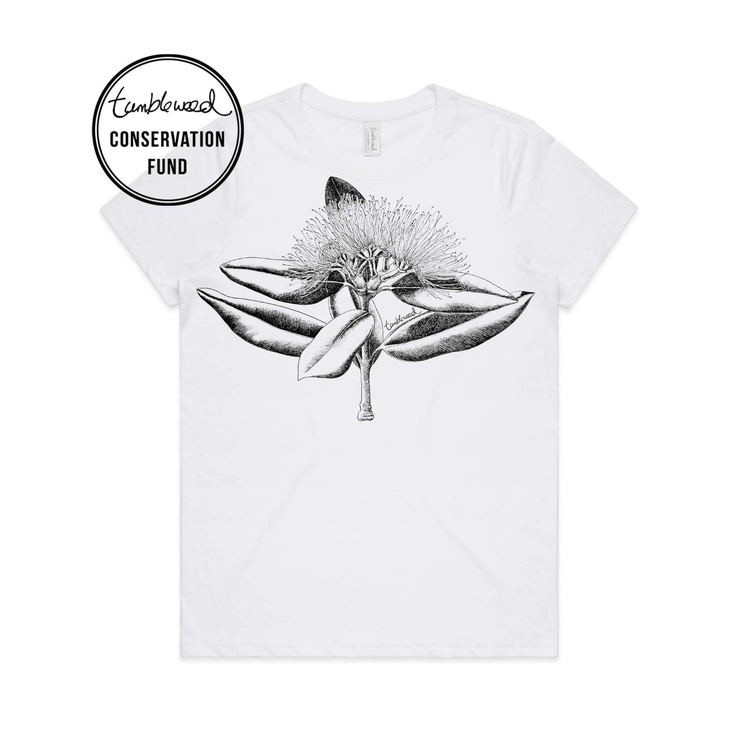 White, female t-shirt featuring a screen printed Pōhutukawa design.