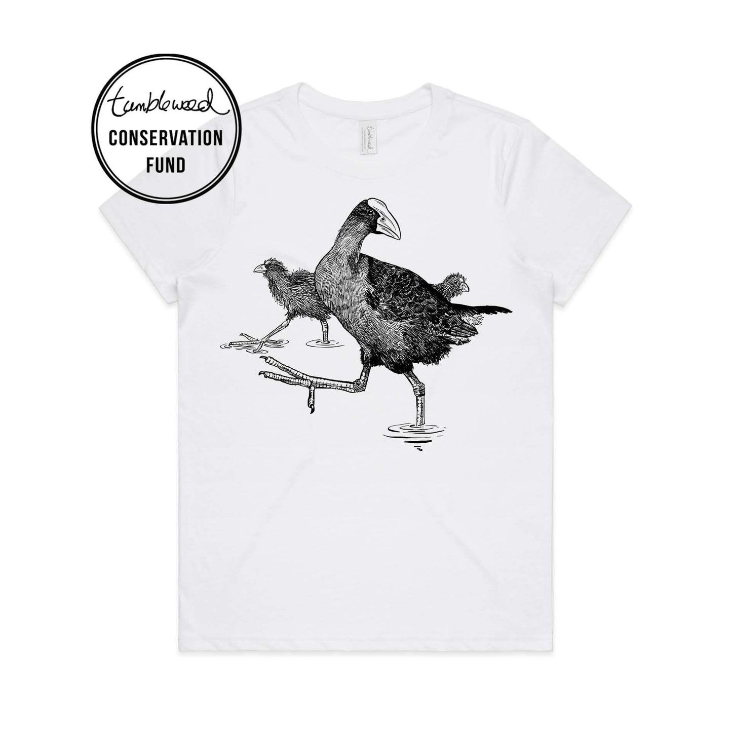 White, female t-shirt featuring a screen printed Pūkeko design.