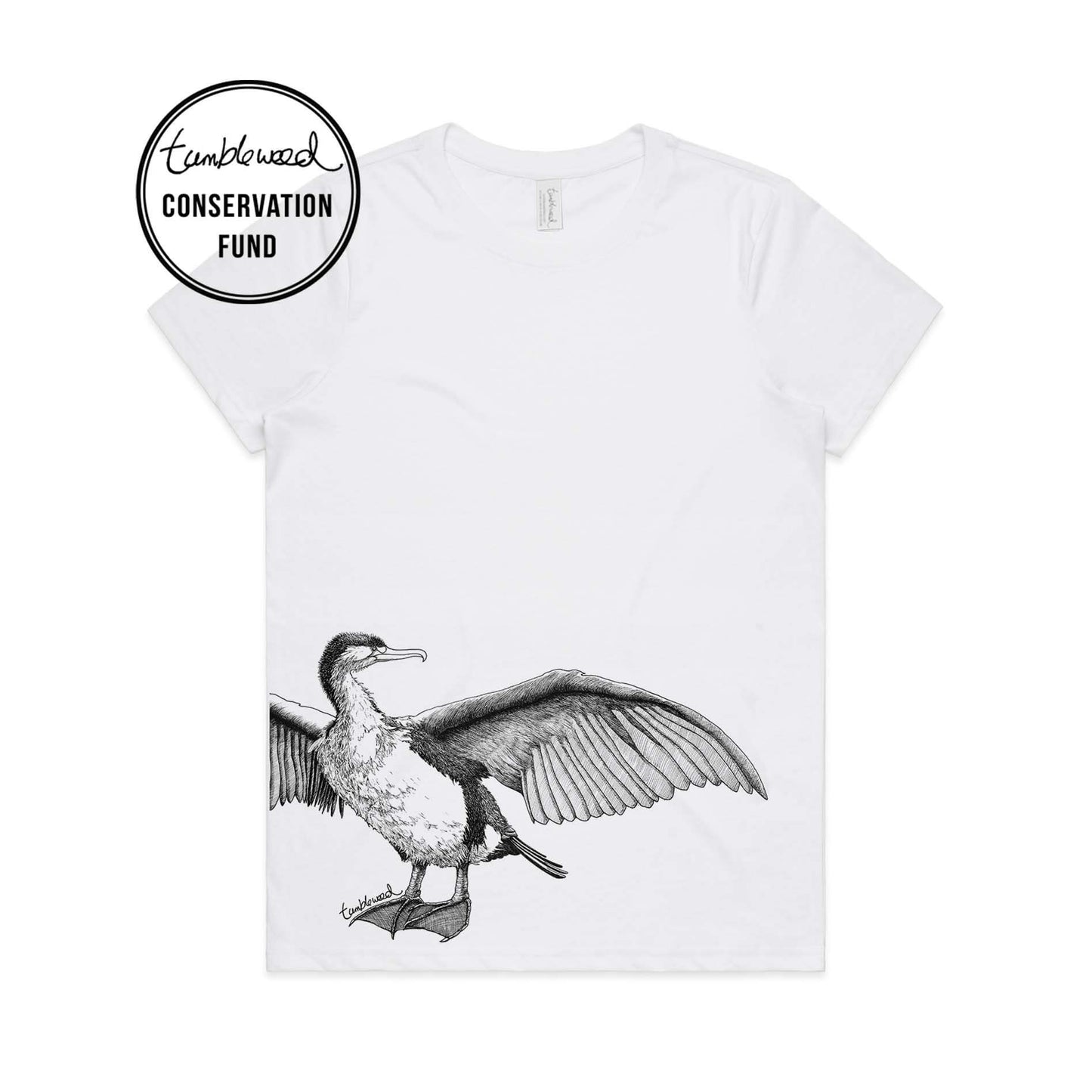 White, female t-shirt featuring a screen printed Shag design.