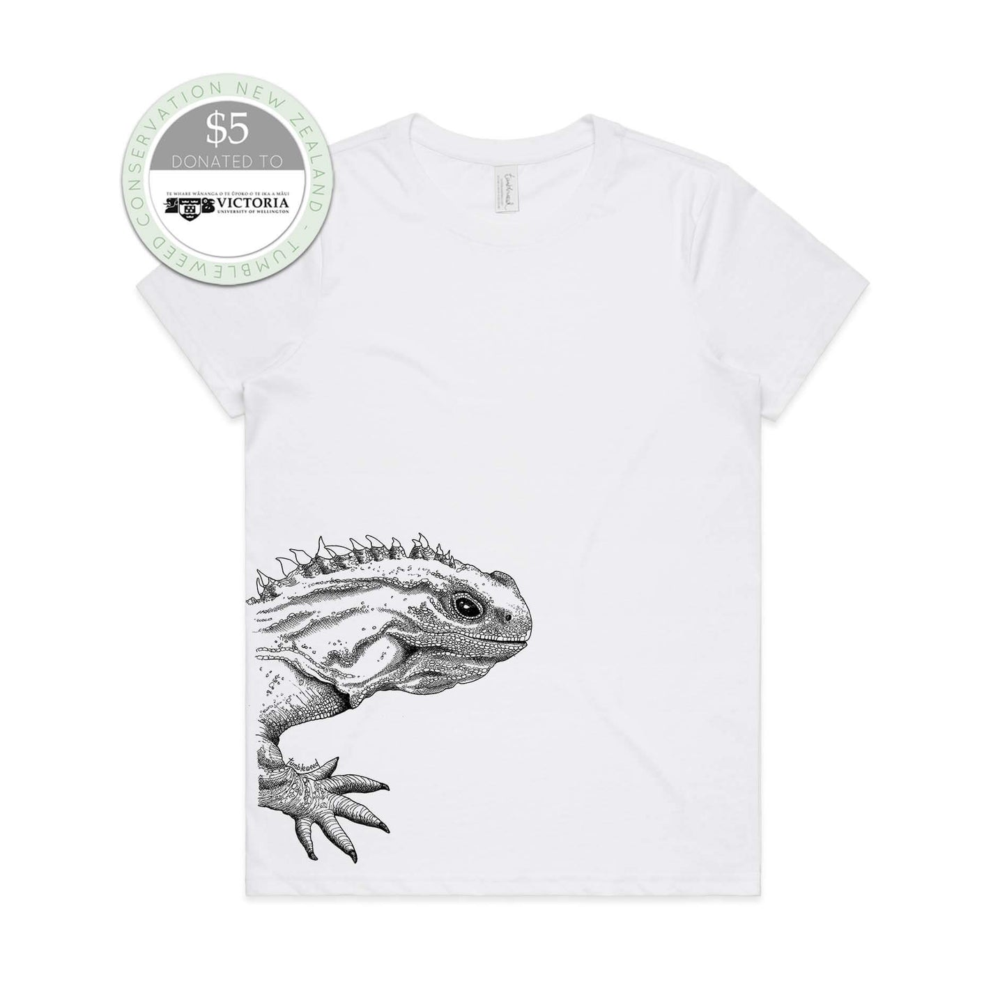 White, female t-shirt featuring a screen printed Tuatara design.