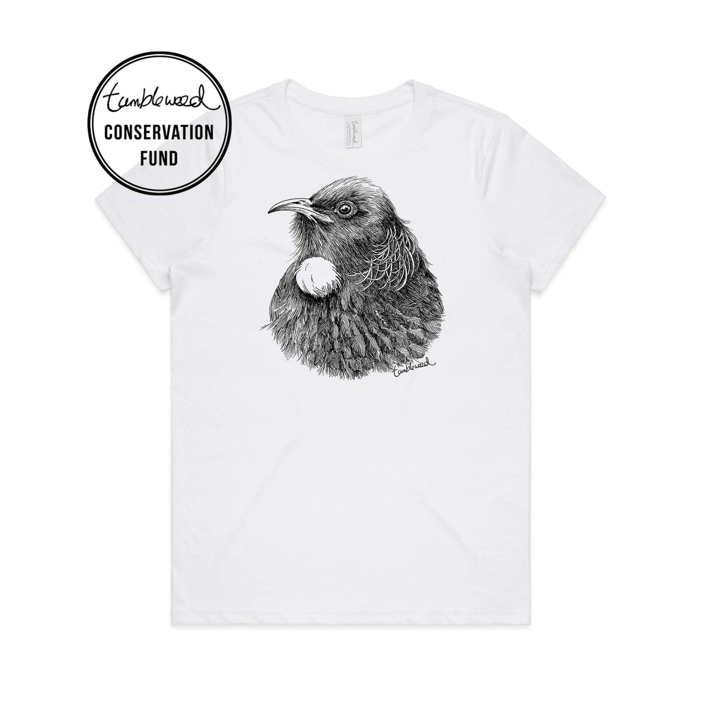 White, female t-shirt featuring a screen printed Tui design.