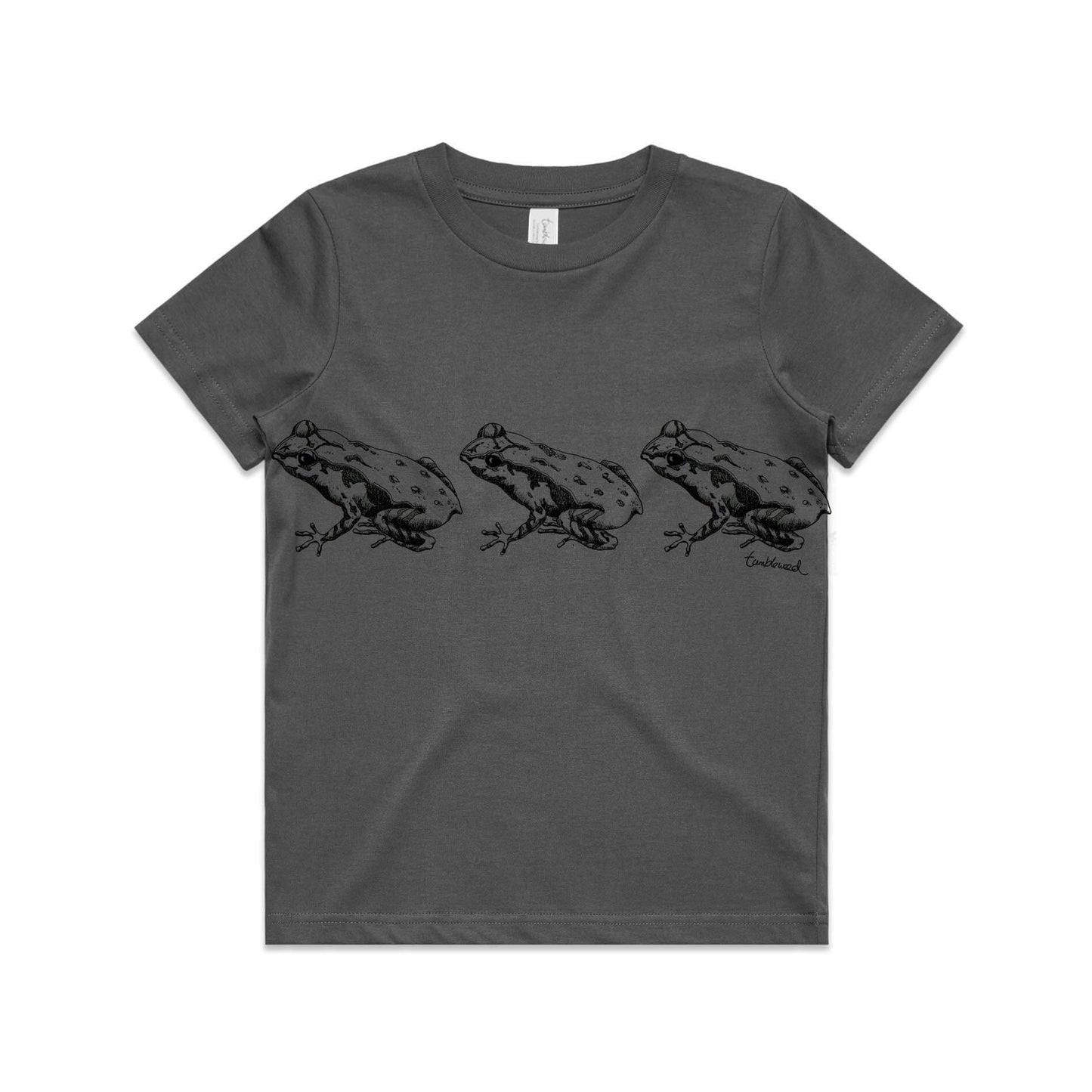 Charcoal, cotton kids' t-shirt with screen printed Kids Archey's Frog design.