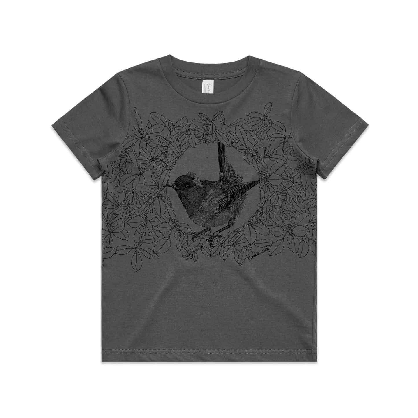 Charcoal, cotton kids' t-shirt with screen printed Kids hihi/stitchbird design.