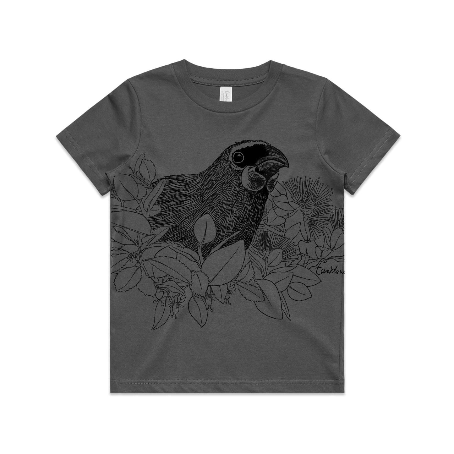 Charcoal, cotton kids' t-shirt with screen printed Kids kōkako design.
