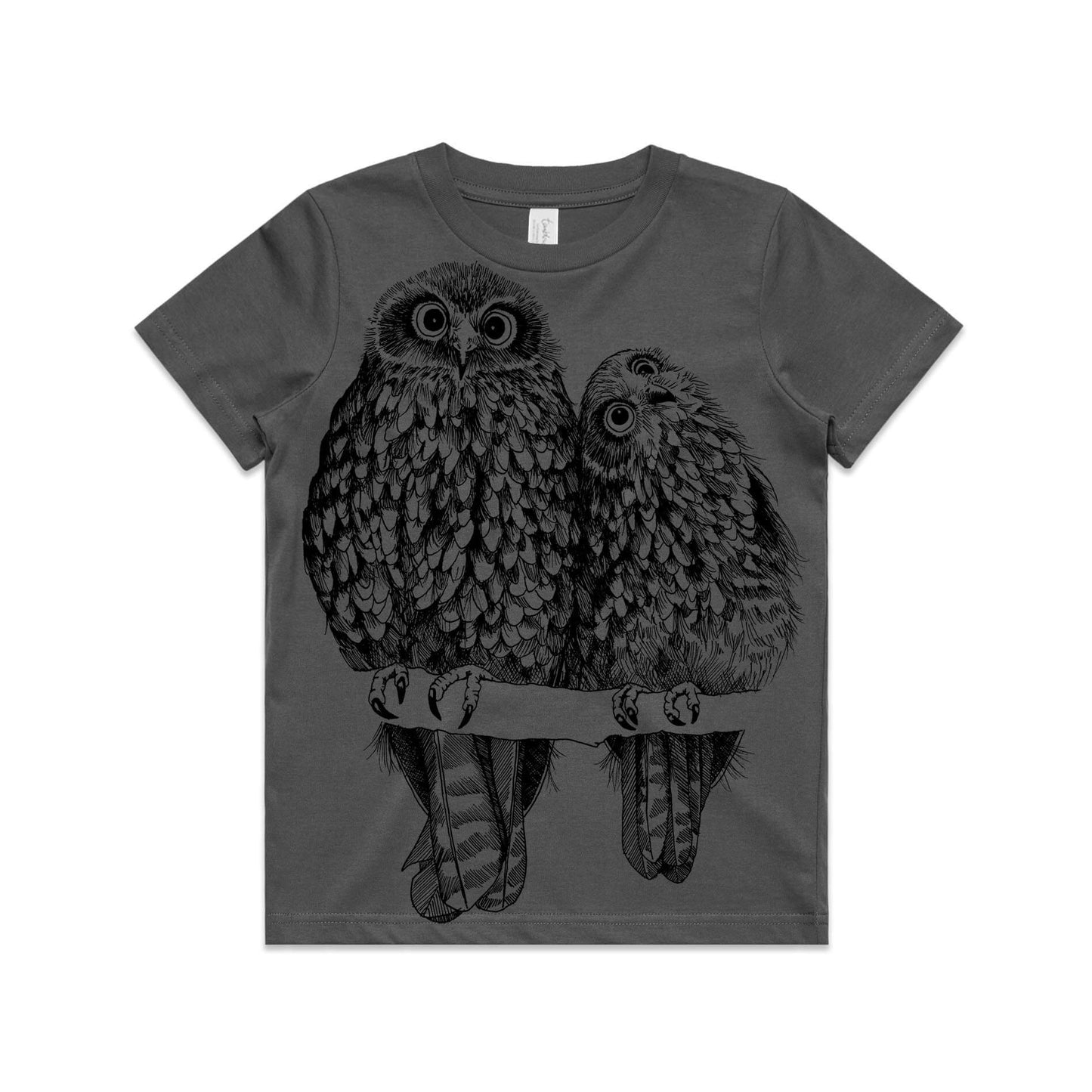 Charcoal, cotton kids' t-shirt with screen printed Kids Morepork/Ruru design.