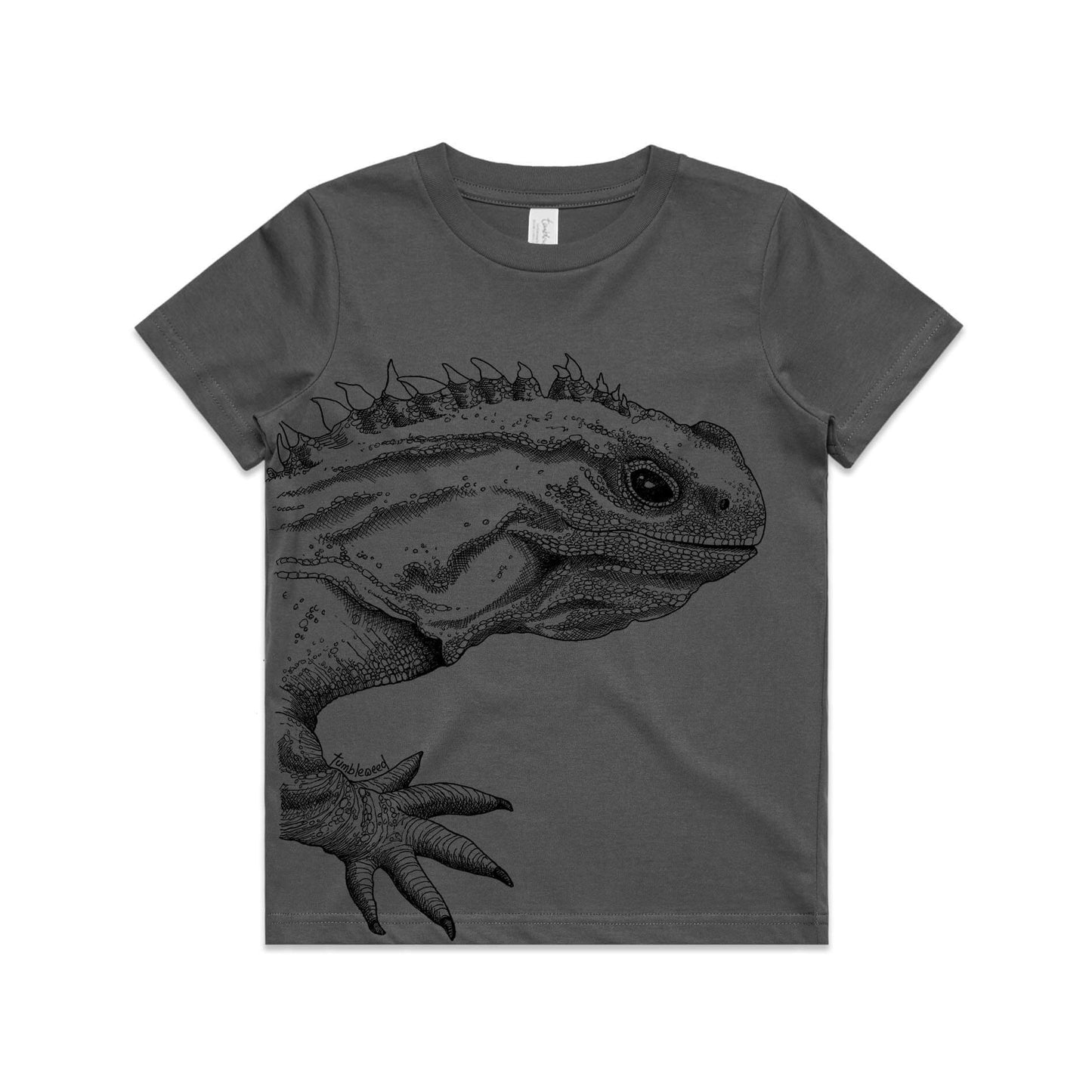 Charcoal, cotton kids' t-shirt with screen printed tuatara design.