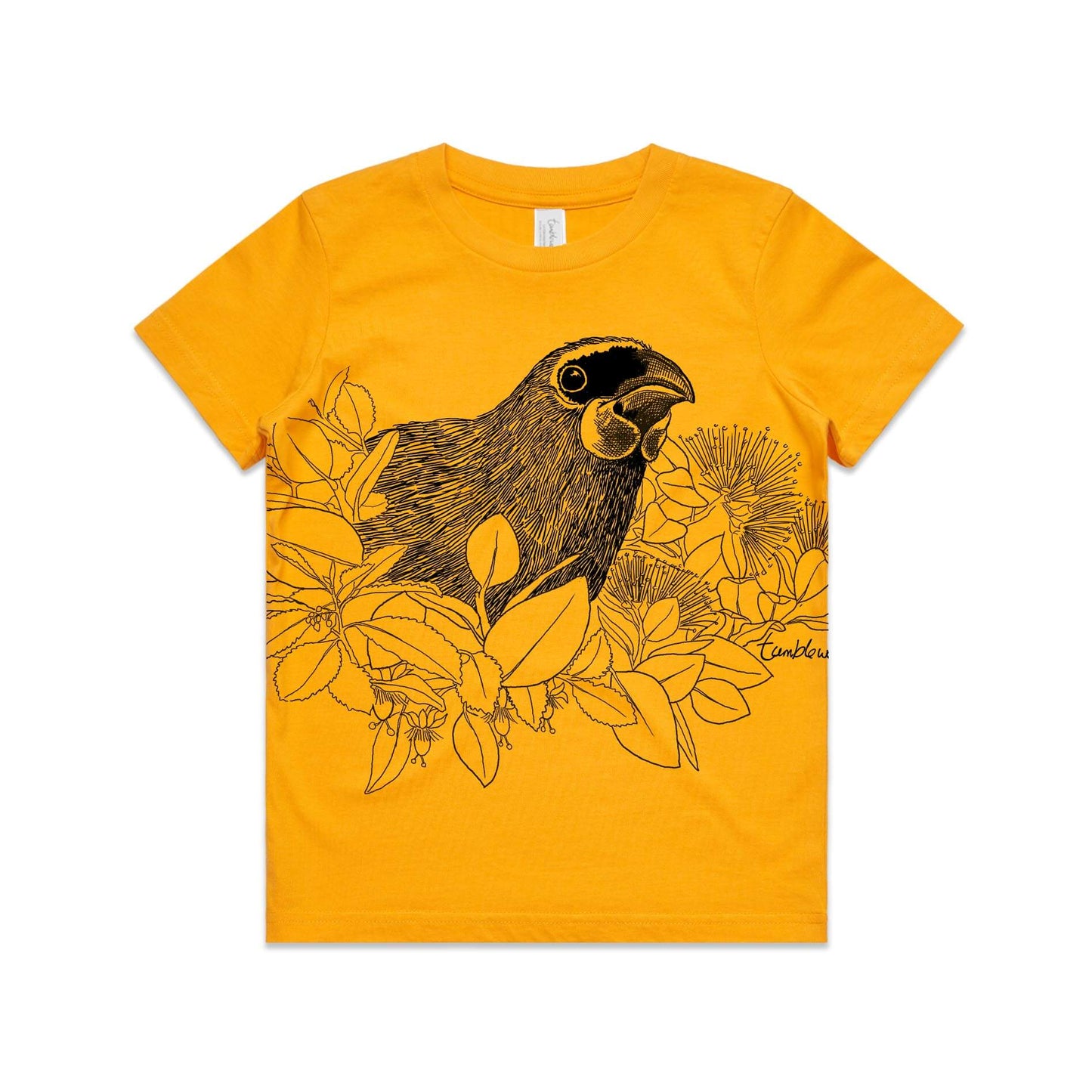 Gold, cotton kids' t-shirt with screen printed Kids kōkako design.