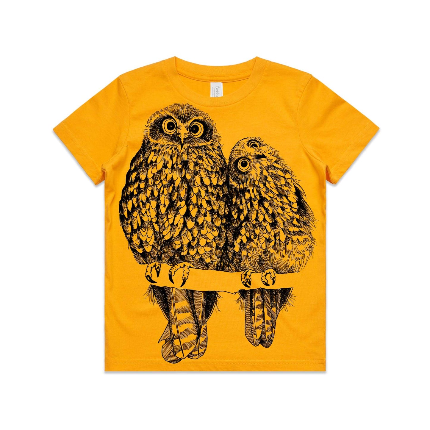 Gold, cotton kids' t-shirt with screen printed Kids Morepork/Ruru design.