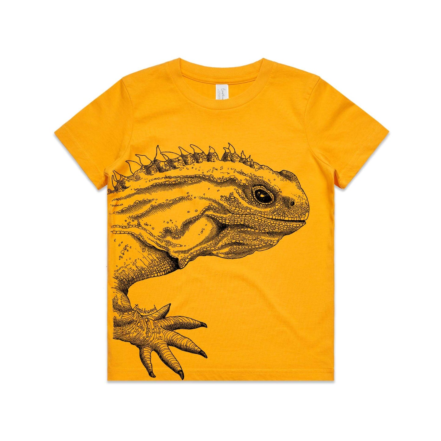Gold, cotton kids' t-shirt with screen printed tuatara design.