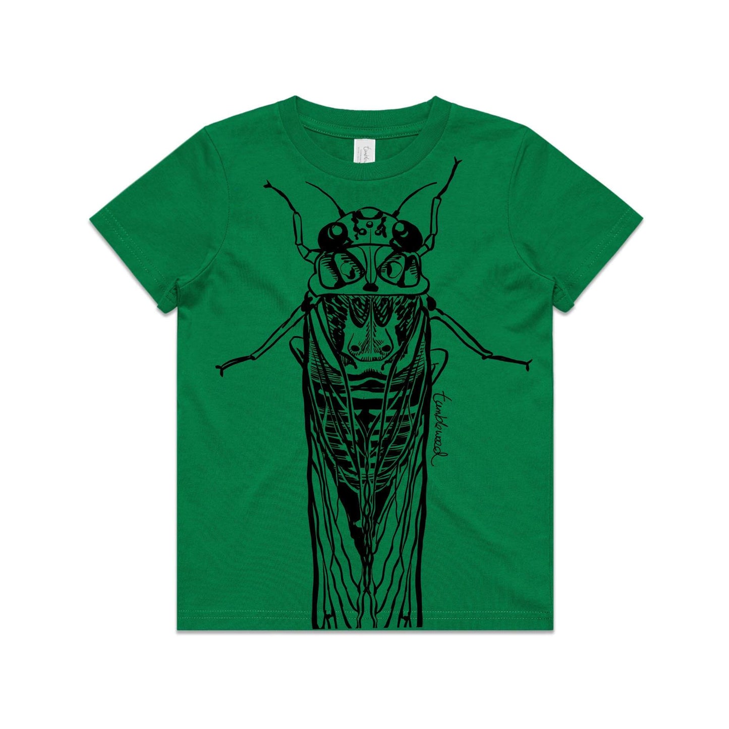 Green, cotton kids' t-shirt with screen printed cicada/kihikihi-wawā design.