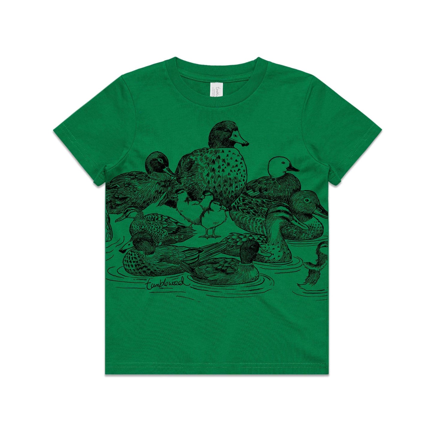 Green, cotton kids' t-shirt with screen printed ducks design.