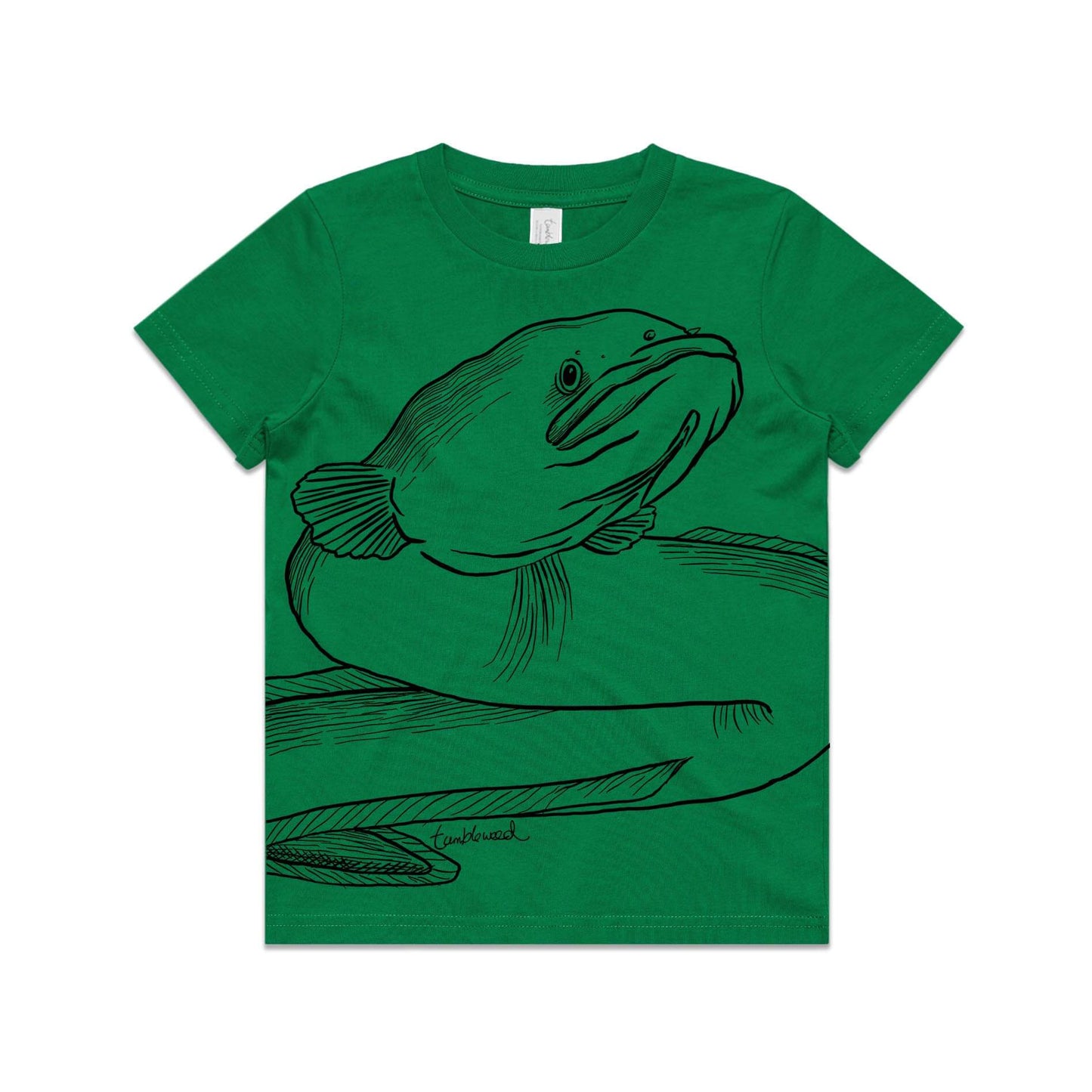 Green, cotton kids' t-shirt with screen printed Long fin eel/tuna design.