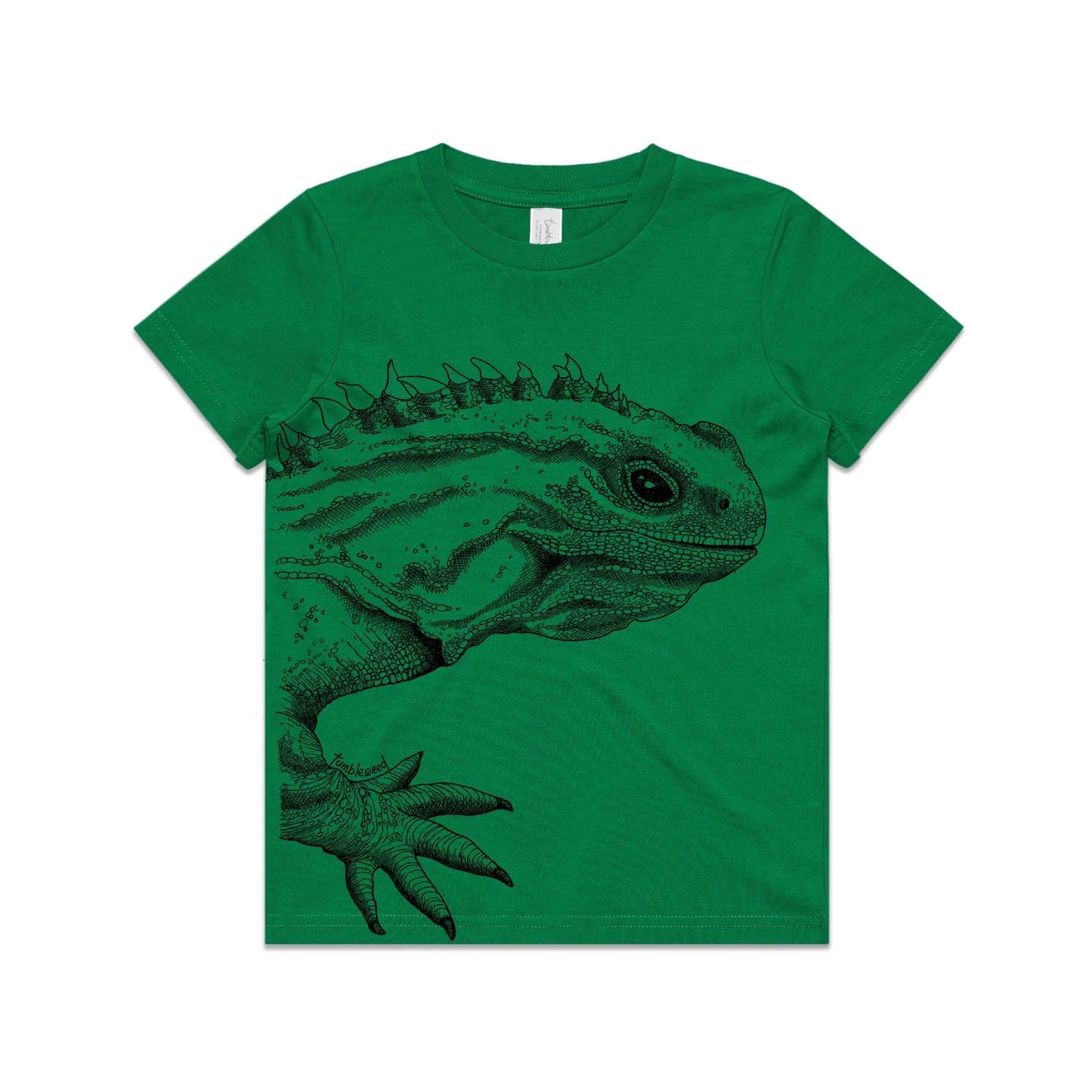 Green, cotton kids' t-shirt with screen printed tuatara design.