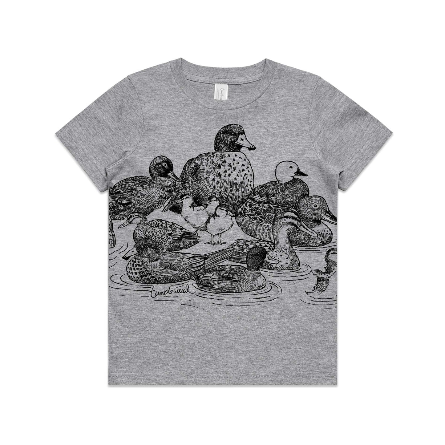 Grey marle, cotton kids' t-shirt with screen printed ducks design.