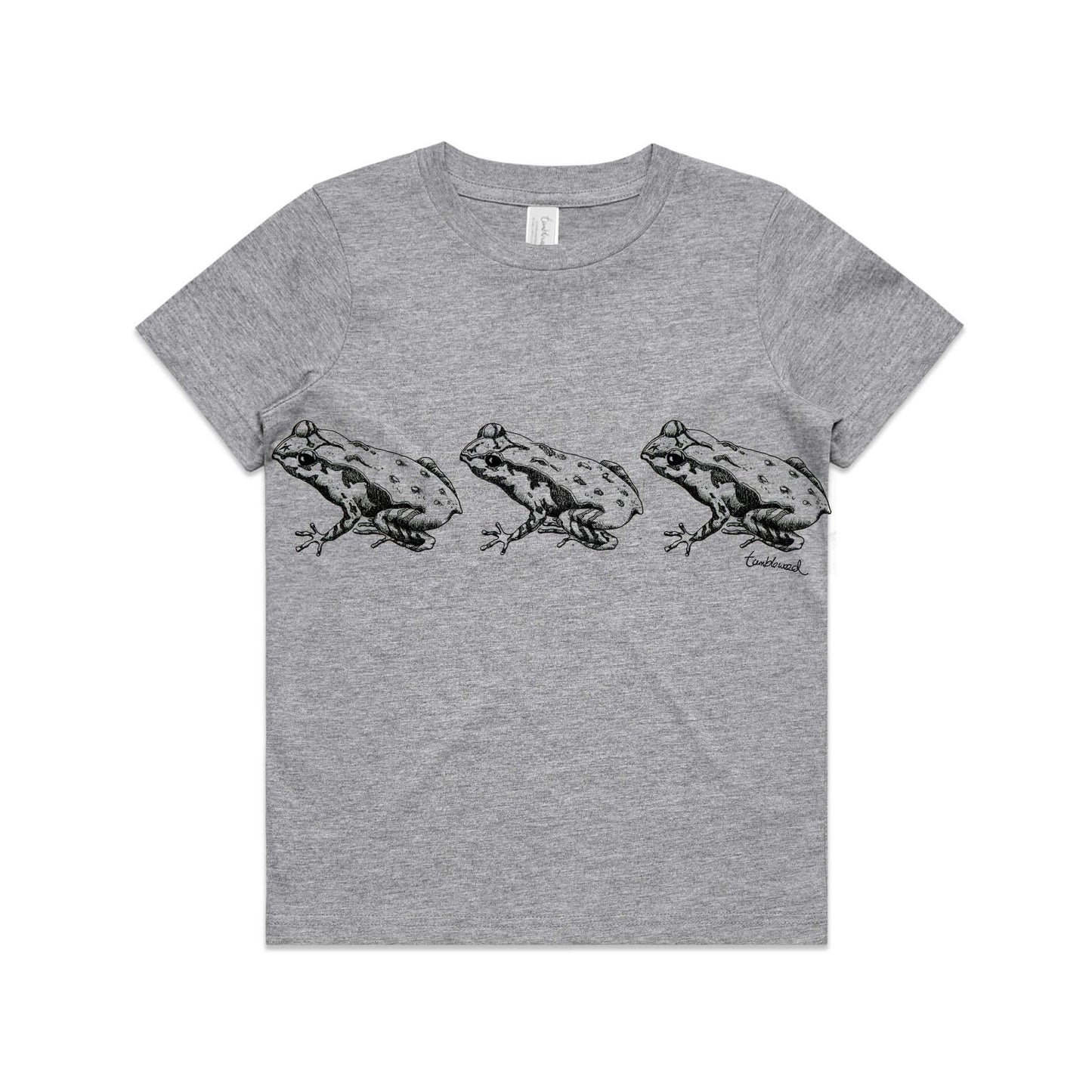 Grey marle, cotton kids' t-shirt with screen printed Kids Archey's Frog design.