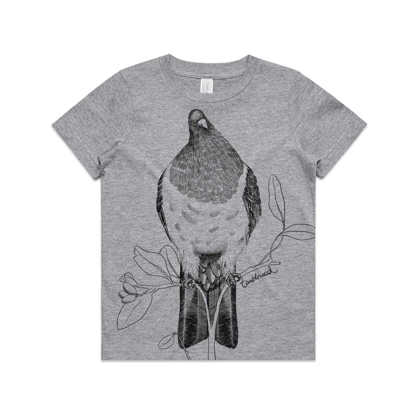 Grey marle, cotton kids' t-shirt with screen printed kererū design.