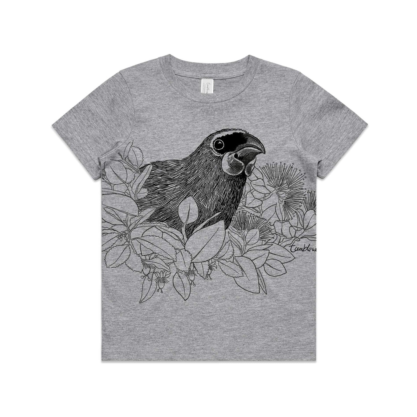 Grey marle, cotton kids' t-shirt with screen printed Kids kōkako design.
