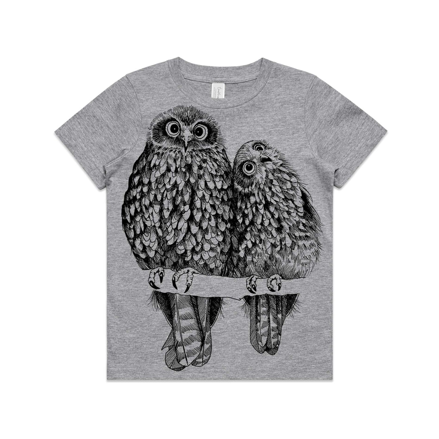 Grey marle, cotton kids' t-shirt with screen printed Kids Morepork/Ruru design.