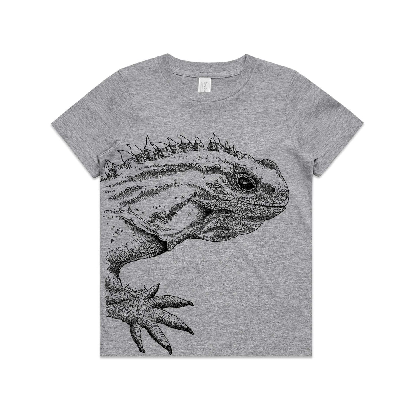 Grey Marle, cotton kids' t-shirt with screen printed tuatara design.