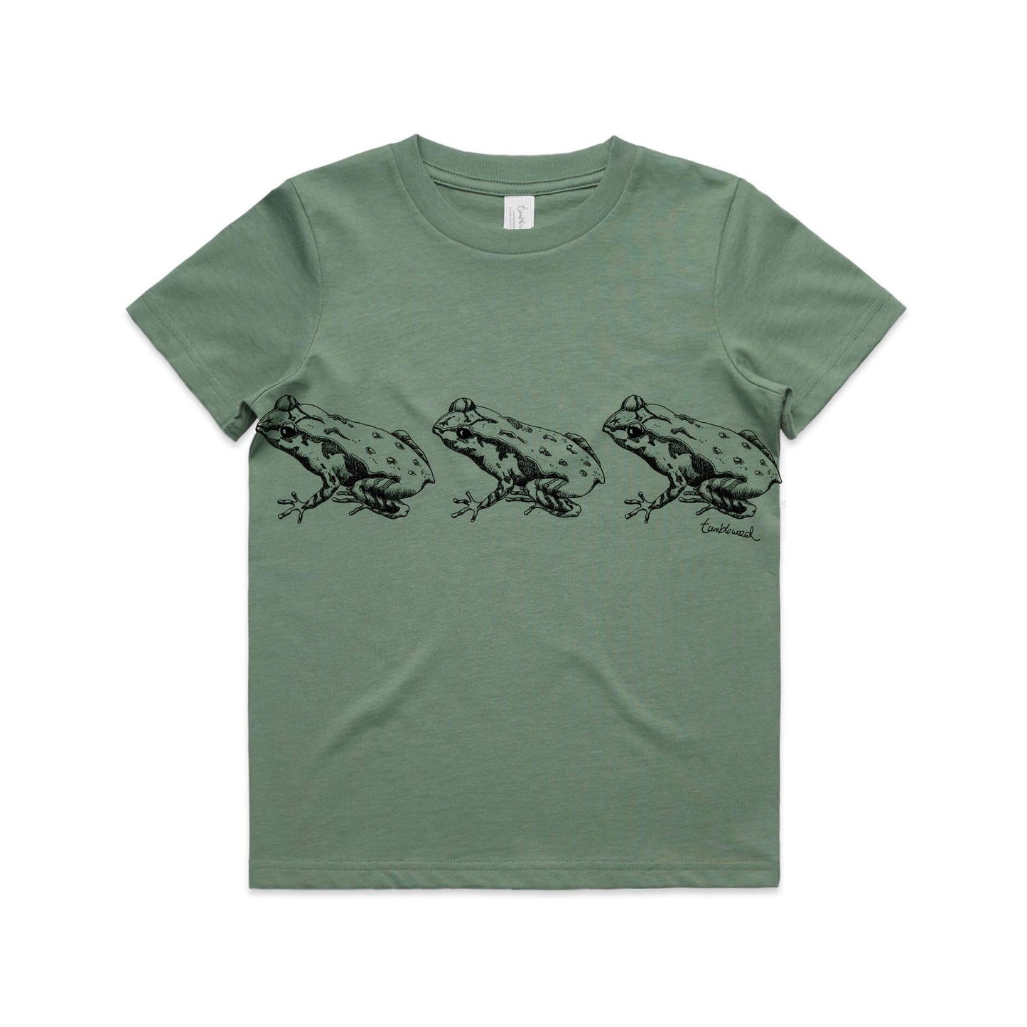 Sage, cotton kids' t-shirt with screen printed Kids Archey's Frog design.