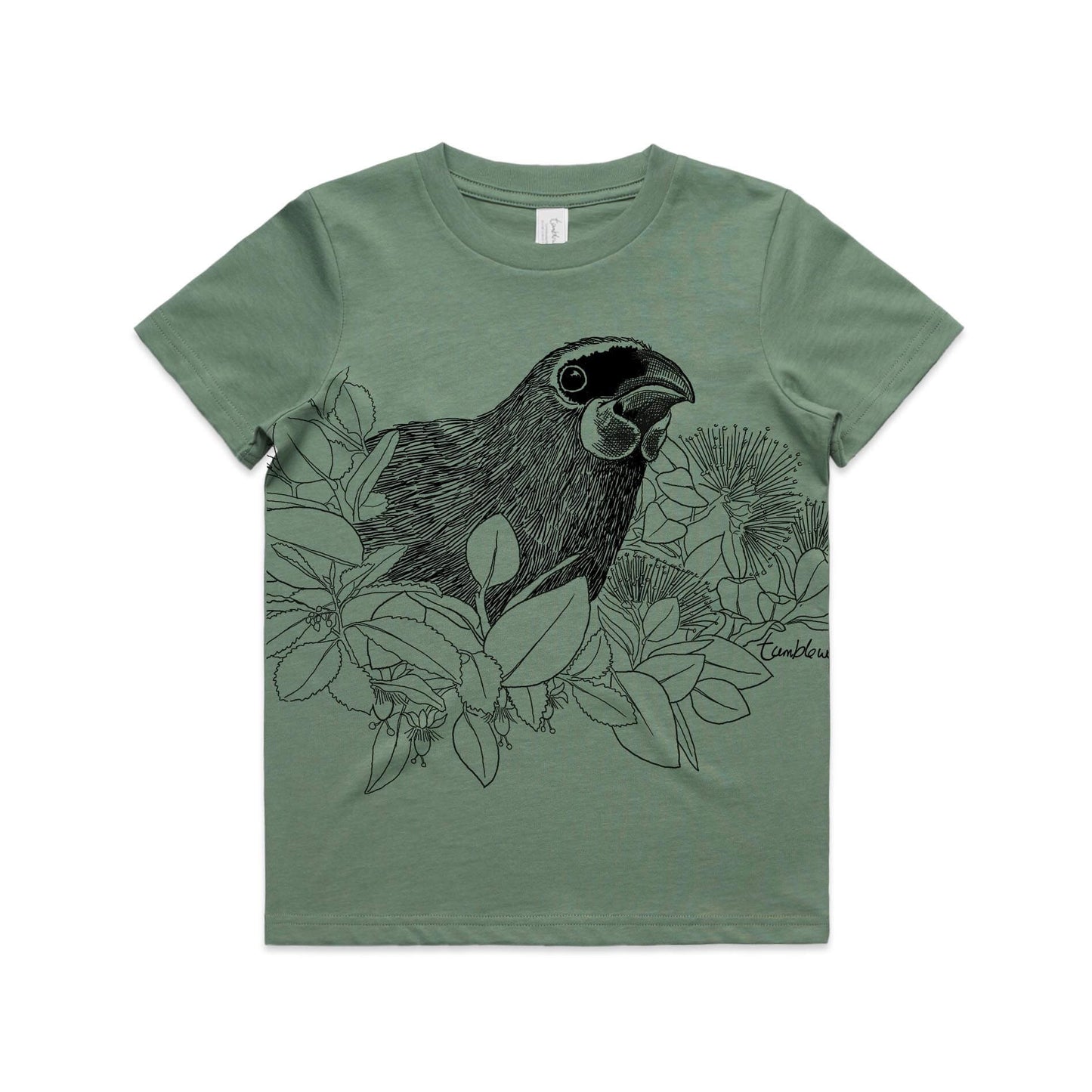 Sage, cotton kids' t-shirt with screen printed Kids kōkako design.
