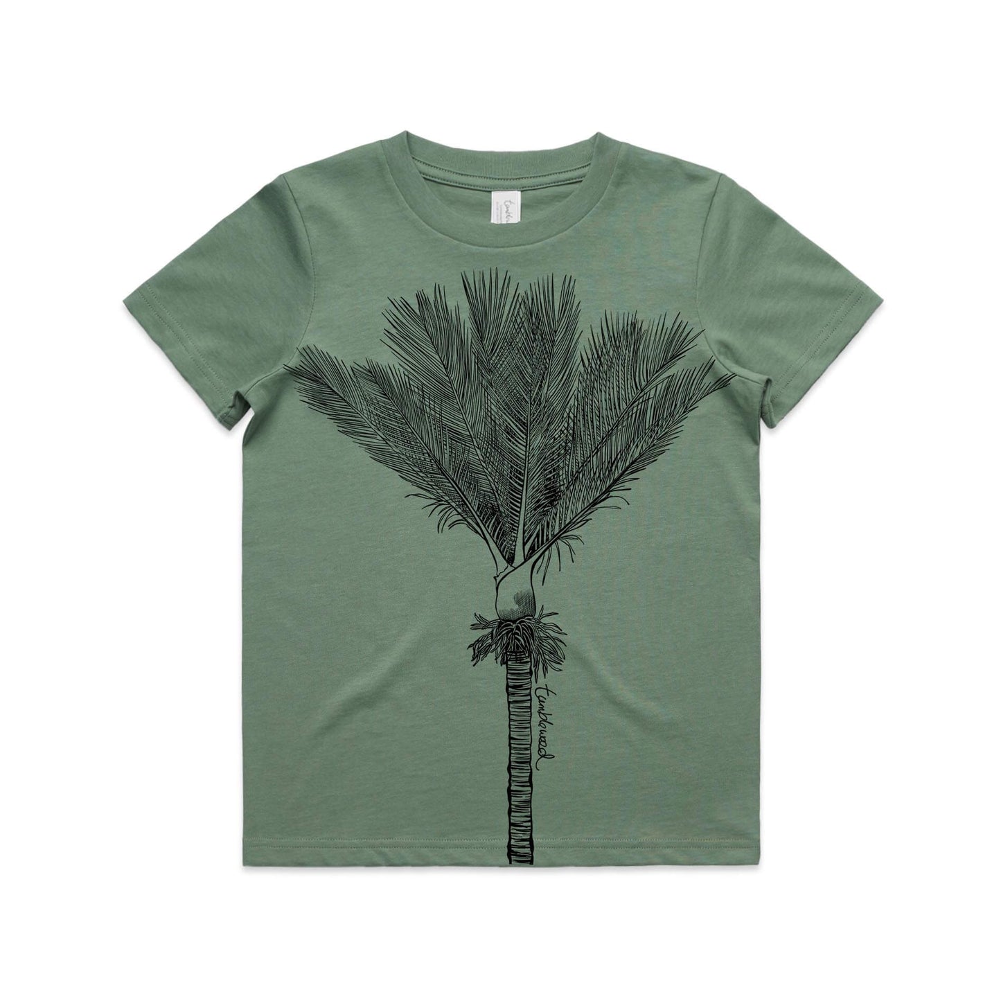 Sage, cotton kids' t-shirt with screen printed nīkau design.