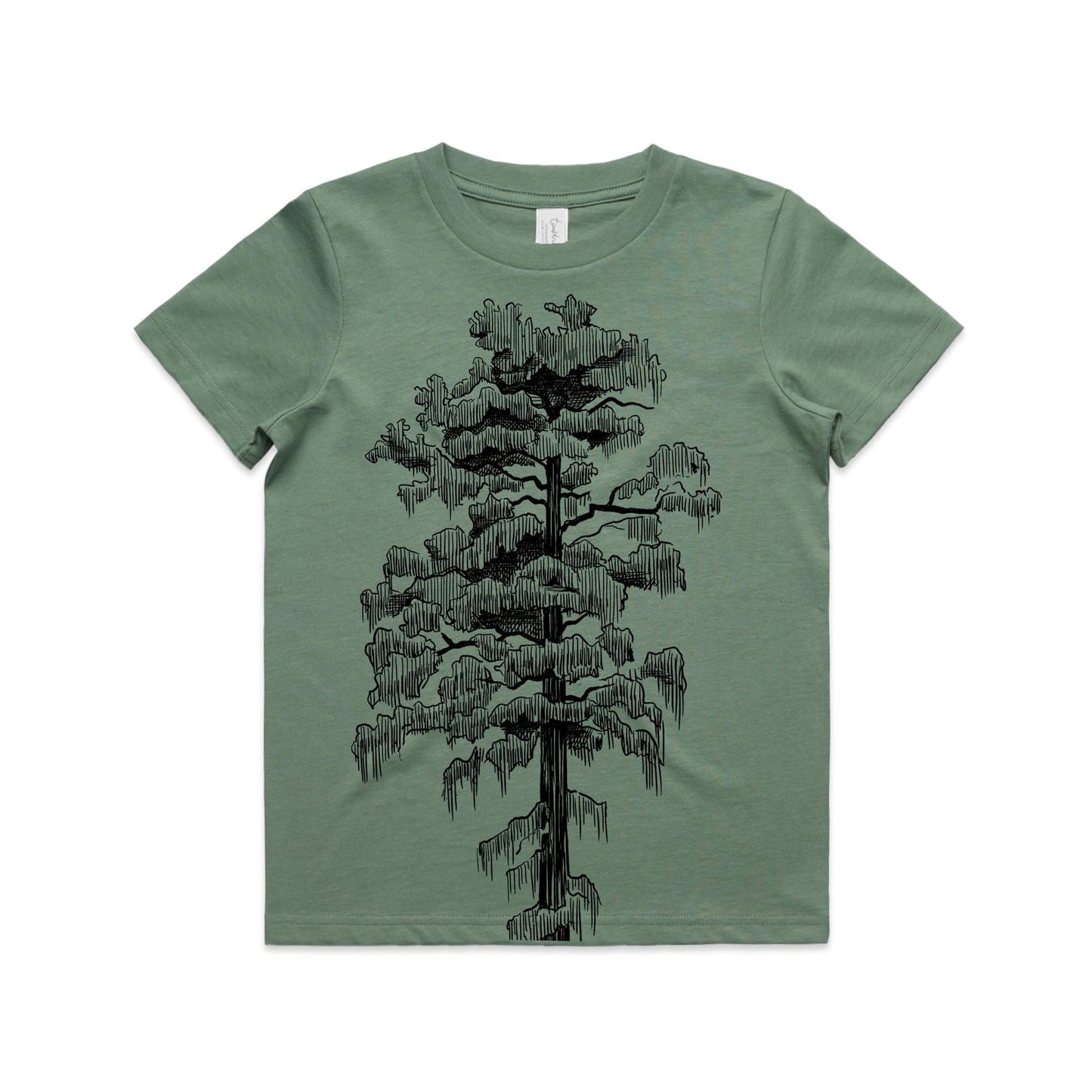 Sage, cotton kids' t-shirt with screen printed rimu design.