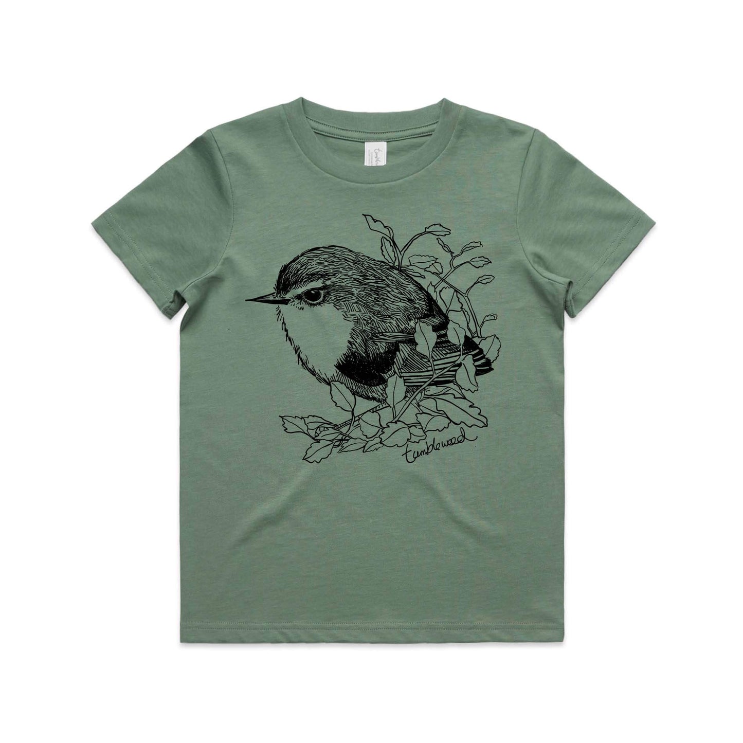 Sage, cotton kids' t-shirt with screen printed titipounamu/rifleman design.
