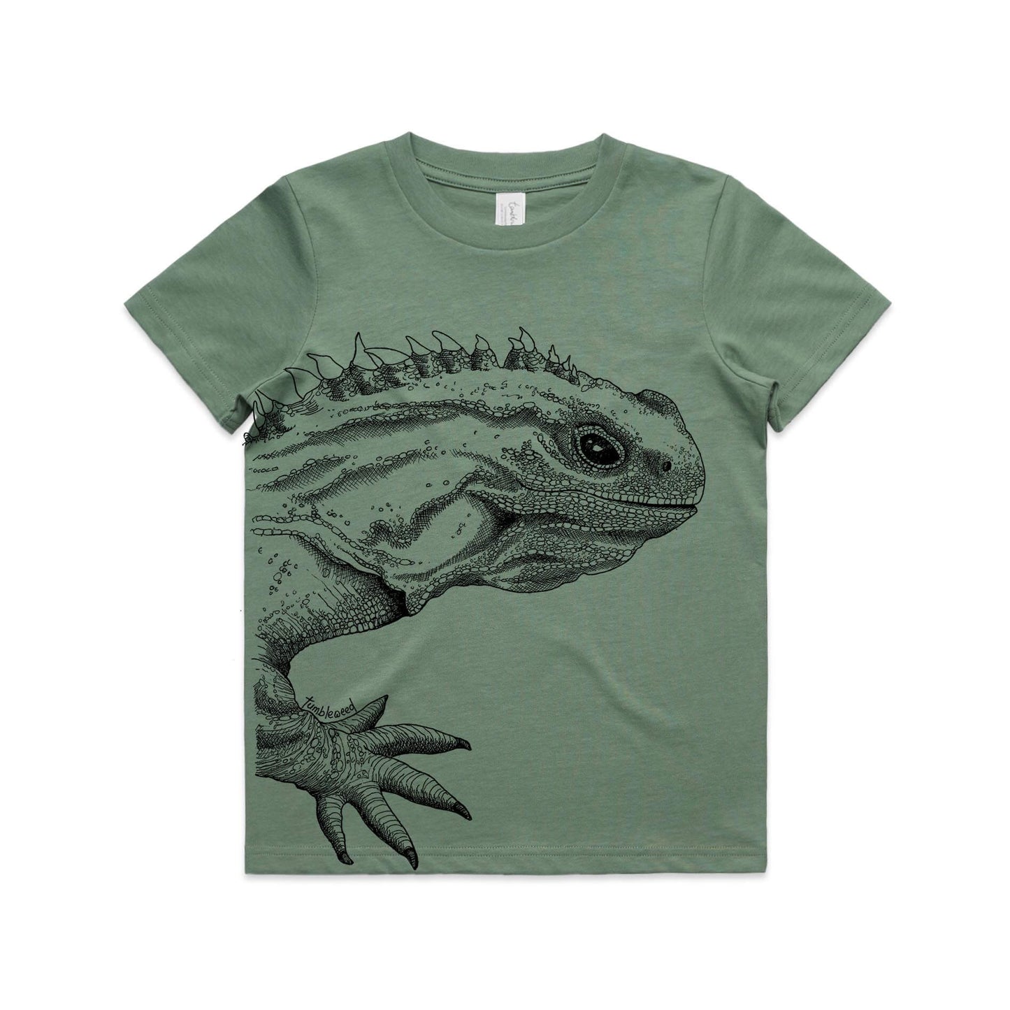 Sage, cotton kids' t-shirt with screen printed tuatara design.