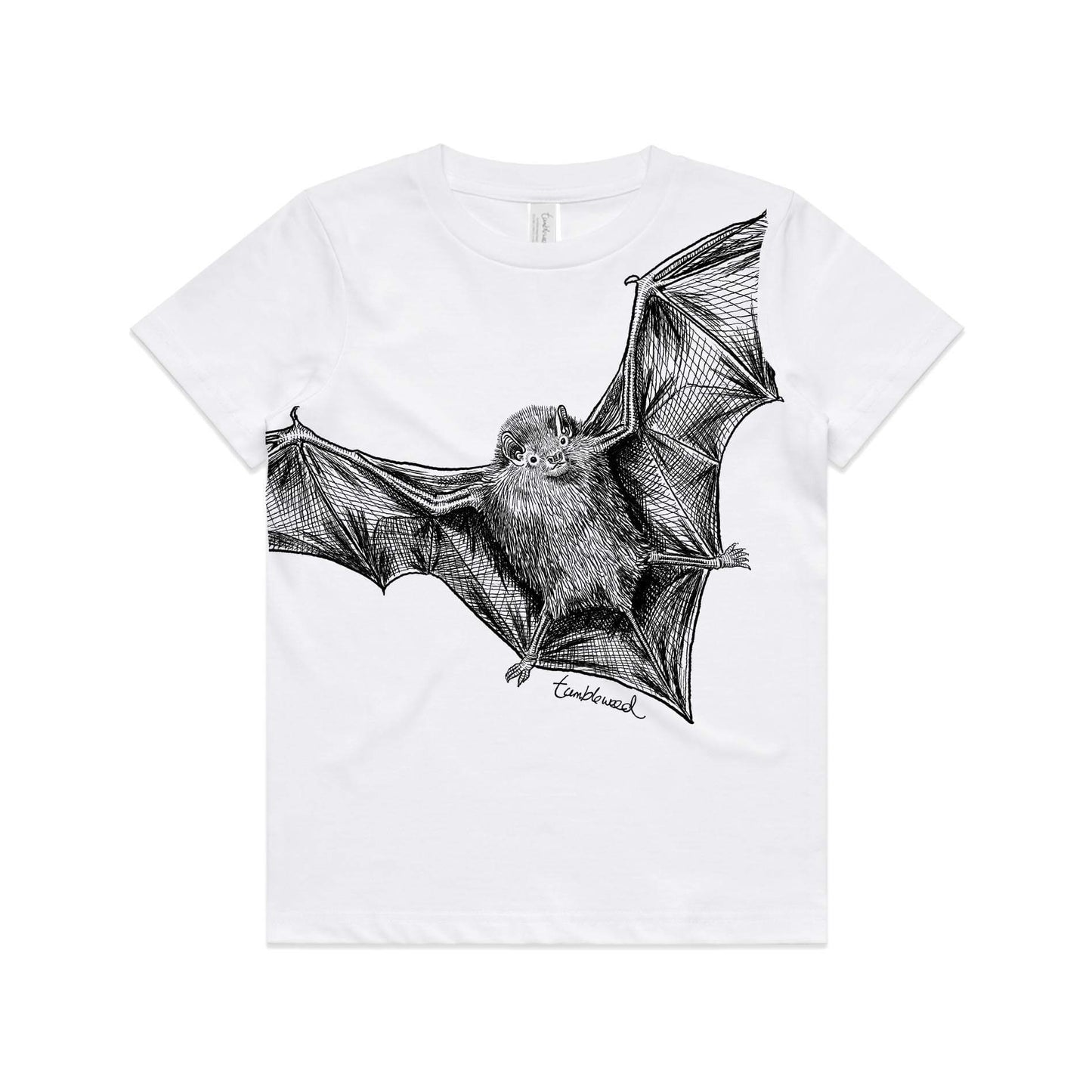 White, cotton kids' t-shirt with screen printed Kids bat design.