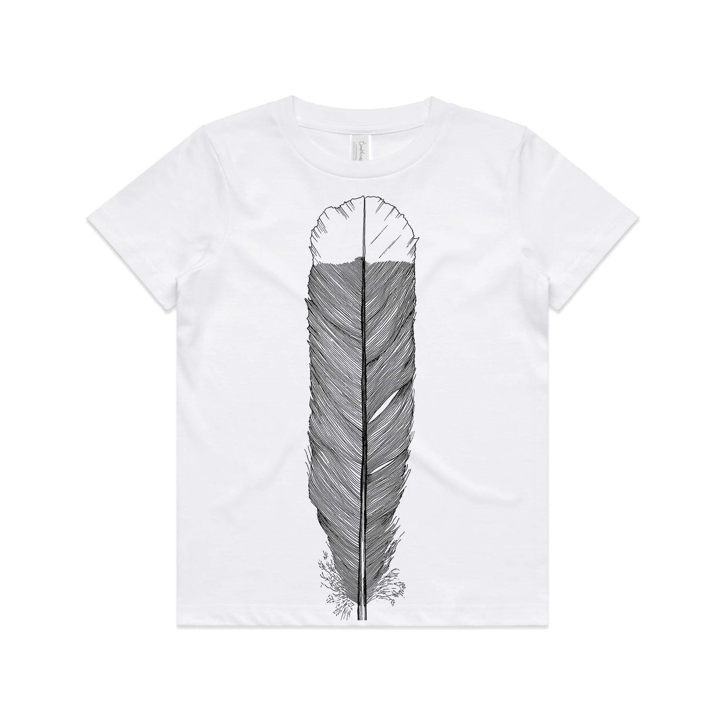 White, cotton kids' t-shirt with screen printed Kids huia feather design.