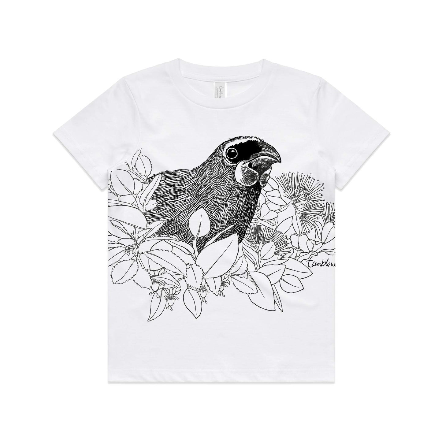 White, cotton kids' t-shirt with screen printed Kids kōkako design.