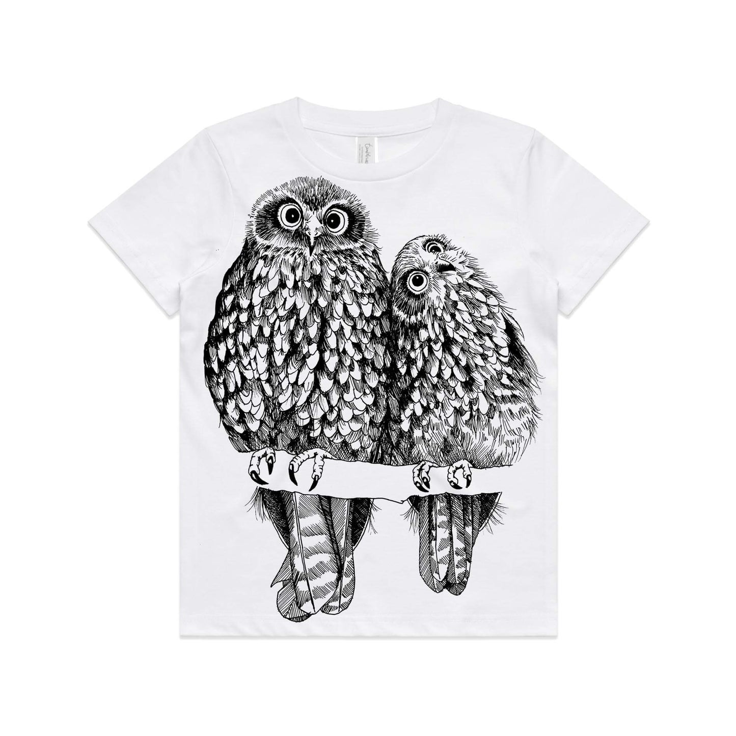 White, cotton kids' t-shirt with screen printed Kids Morepork/Ruru design.