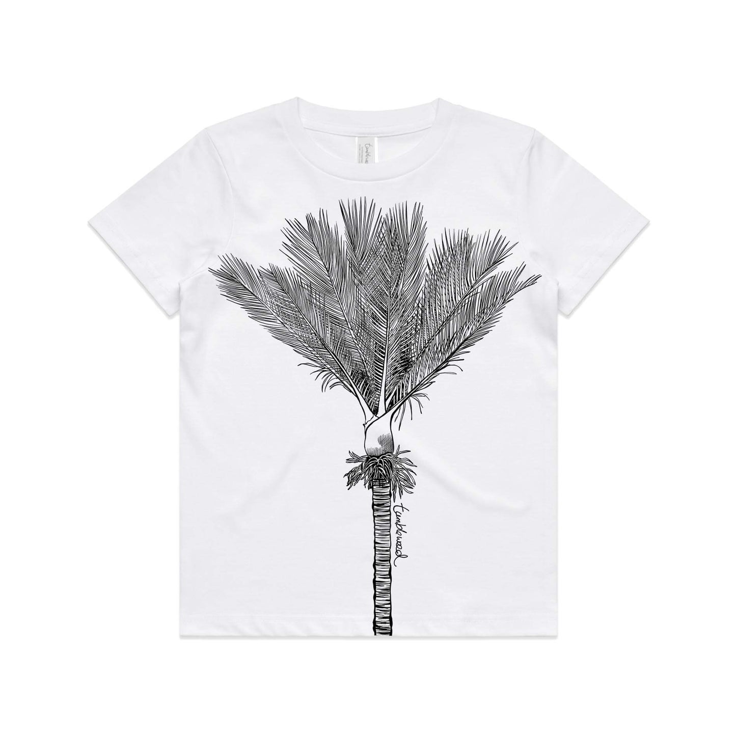 White, cotton kids' t-shirt with screen printed nīkau design.