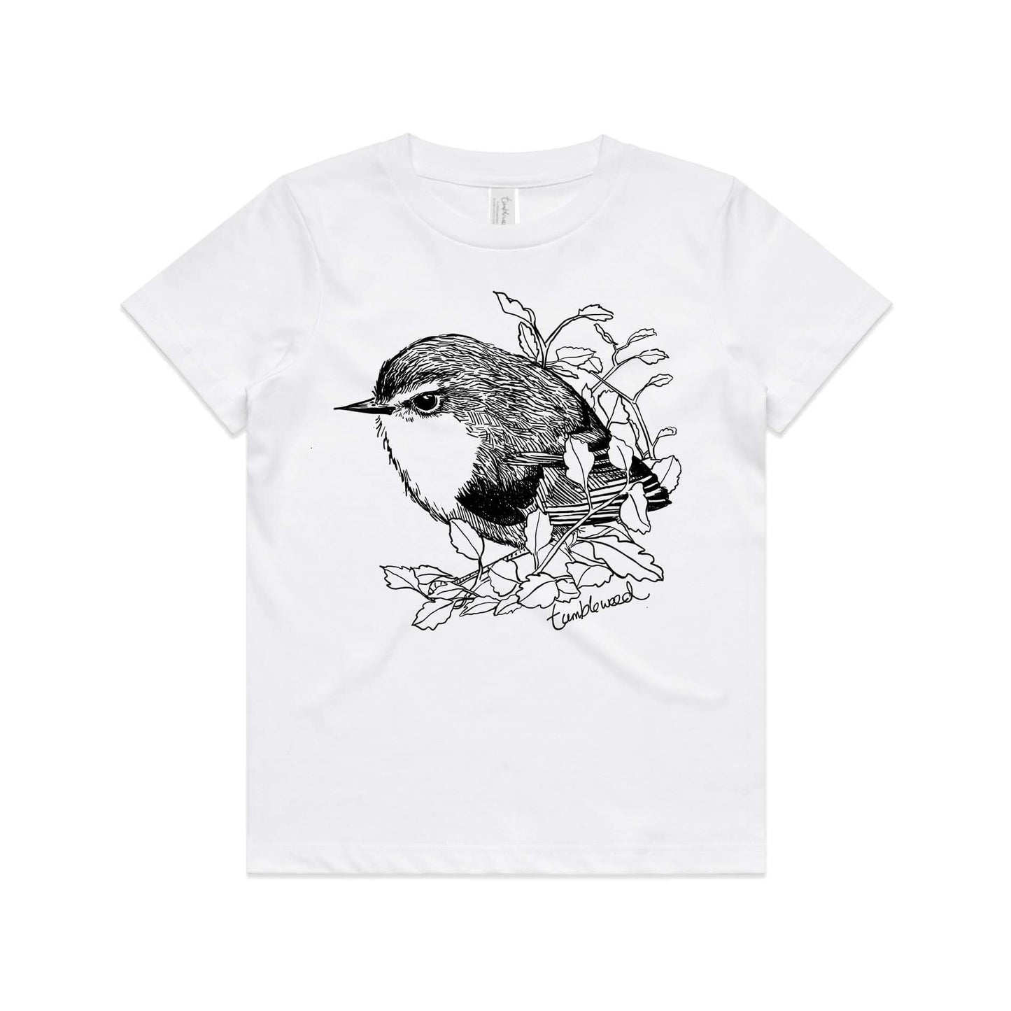 White, cotton kids' t-shirt with screen printed titipounamu/rifleman design.