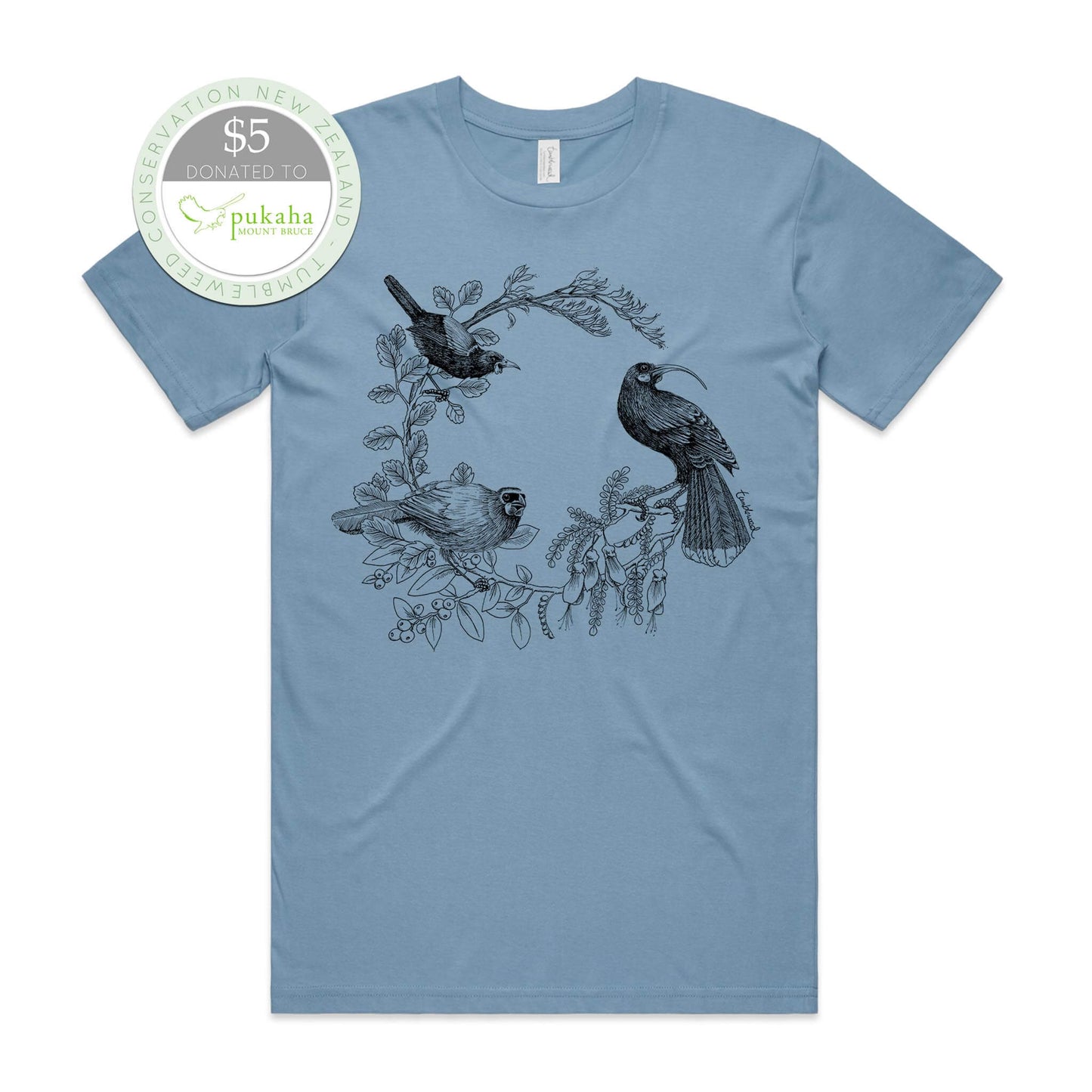 Mustard, female t-shirt featuring a screen printed Kōkako huia saddleback/tīeke design.